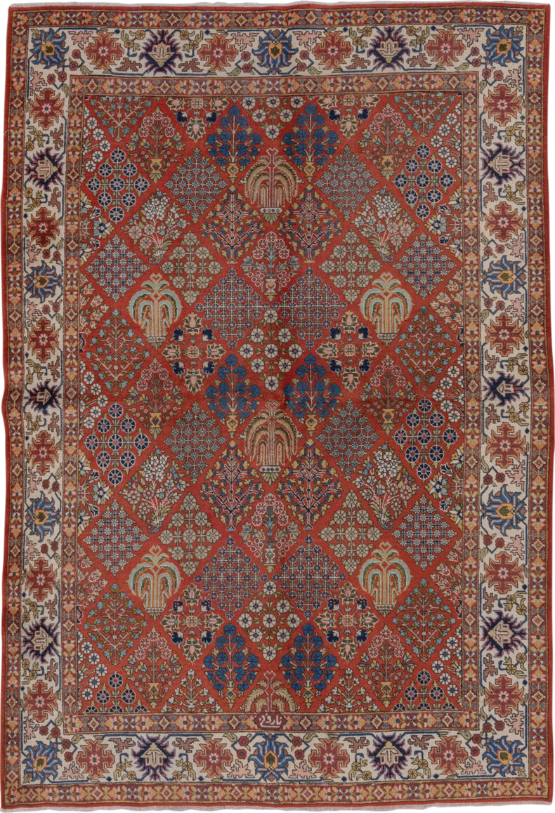 6' x 8' one-of-a-kind handmade vintage Tabriz medium size rug. Color palette: blue, brown, fiord, gray, off-white, pink, red