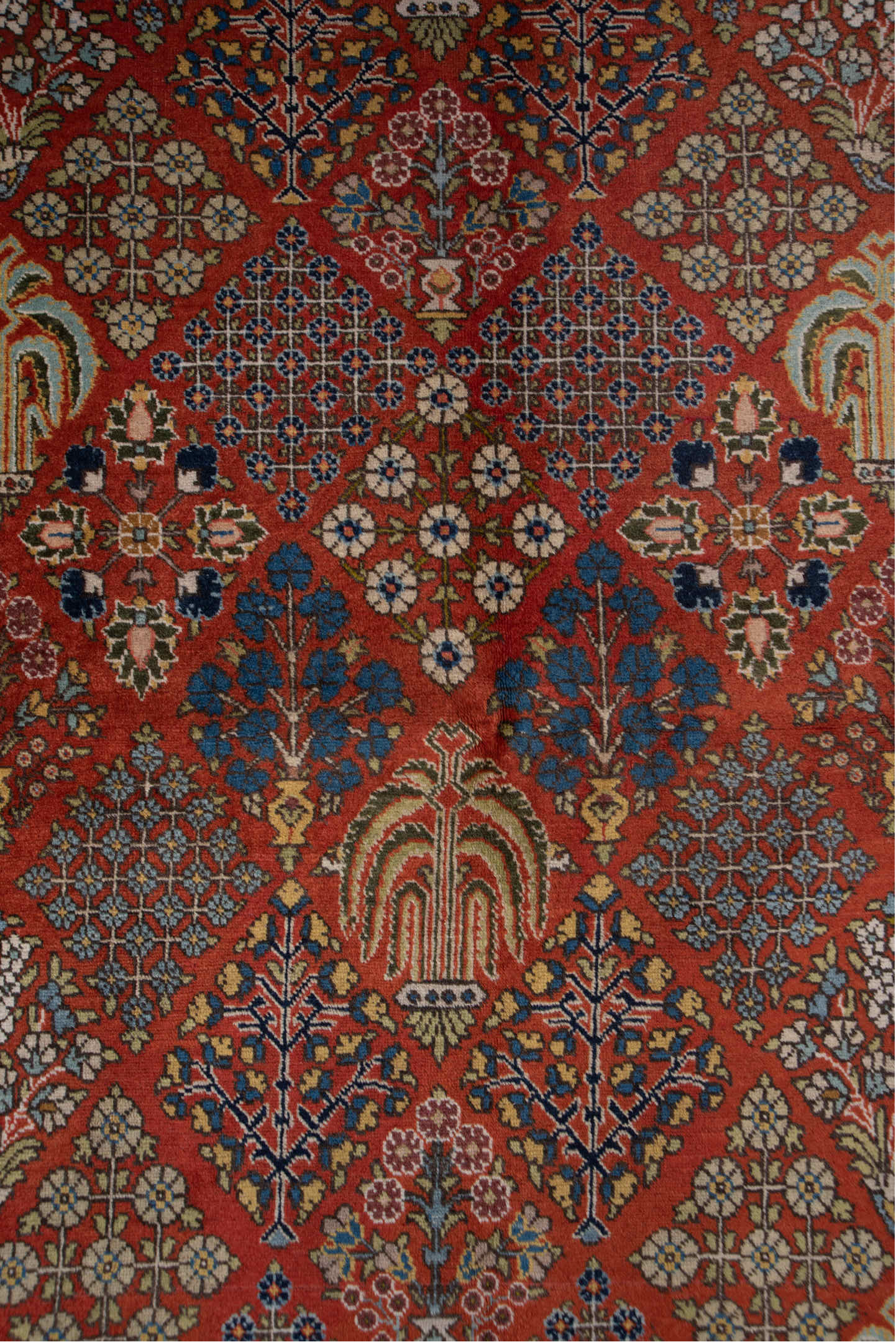 6' x 8' one-of-a-kind handmade vintage Tabriz medium size rug. Color palette: blue, brown, fiord, gray, off-white, pink, red