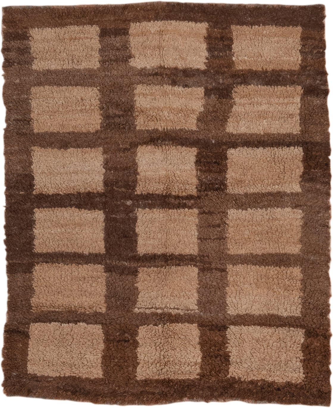 3' x 4' one-of-a-kind handmade vintage Tulu small size rug. Color palette: brown, camel, taupe, beige, gray