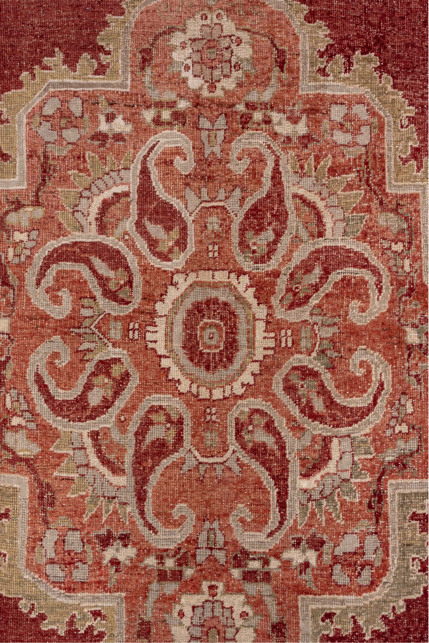 6' x 11' one-of-a-kind handmade vintage Oushak large size rug. Color palette: rust, sage, ivory, terra cotta, rose, beige