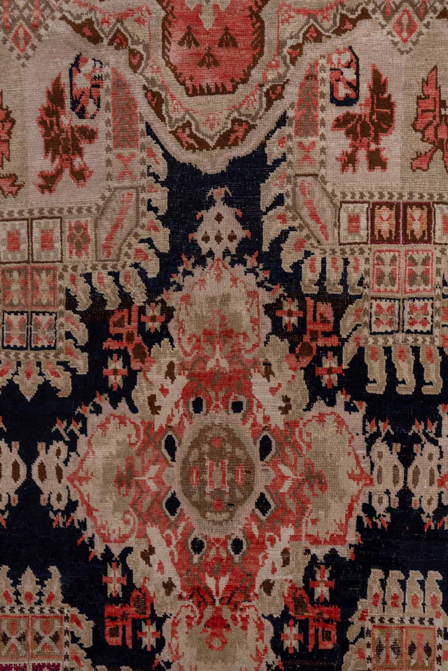 5' x 12' one-of-a-kind handmade antique Karabagh rug. Color palette: ivory, navy, rose, rust, charcoal, taupe, coral, blue
