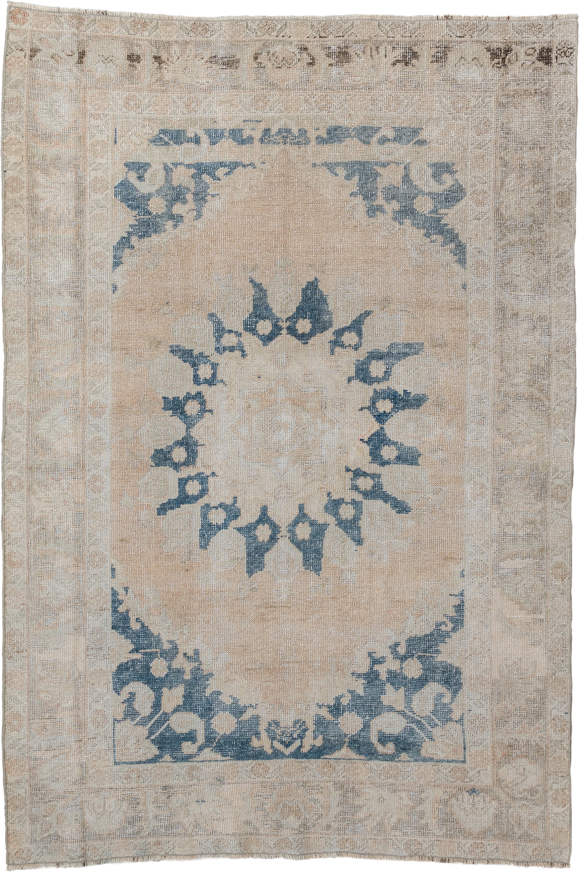 4' x 6' one-of-a-kind handmade antique Anatolian rug. Color palette: ivory, beige, muted blue, taupe, sand, camel, blue
