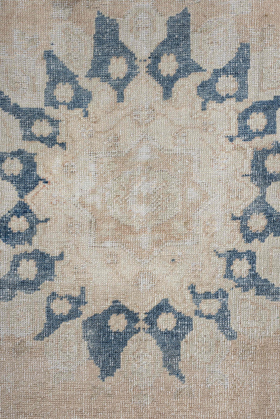 4' x 6' one-of-a-kind handmade antique Anatolian rug. Color palette: ivory, beige, muted blue, taupe, sand, camel, blue
