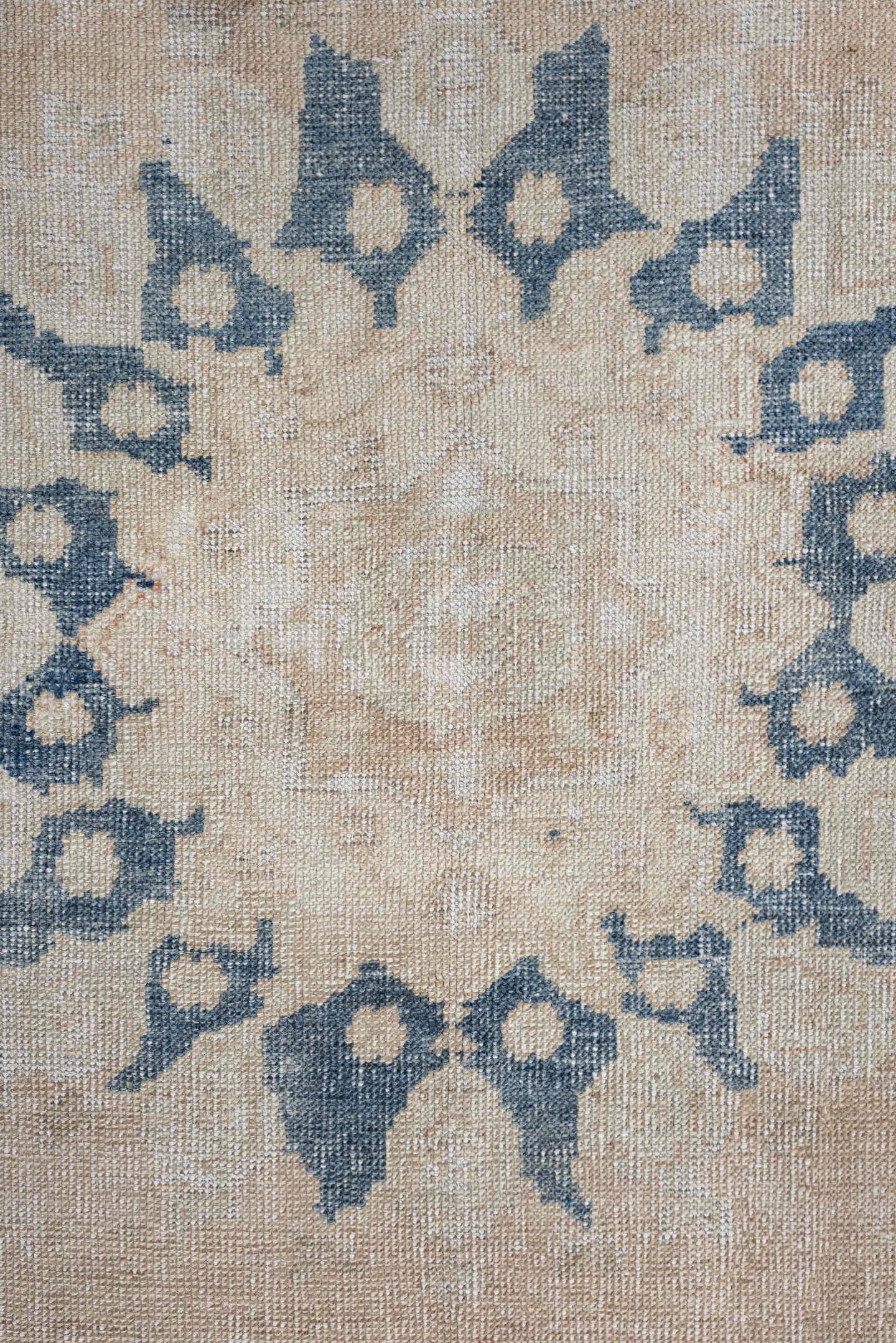 4' x 6' one-of-a-kind handmade antique Anatolian rug. Color palette: ivory, beige, muted blue, taupe, sand, camel, blue