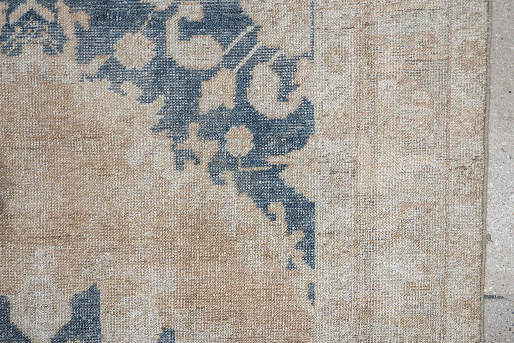 4' x 6' one-of-a-kind handmade antique Anatolian rug. Color palette: ivory, beige, muted blue, taupe, sand, camel, blue
