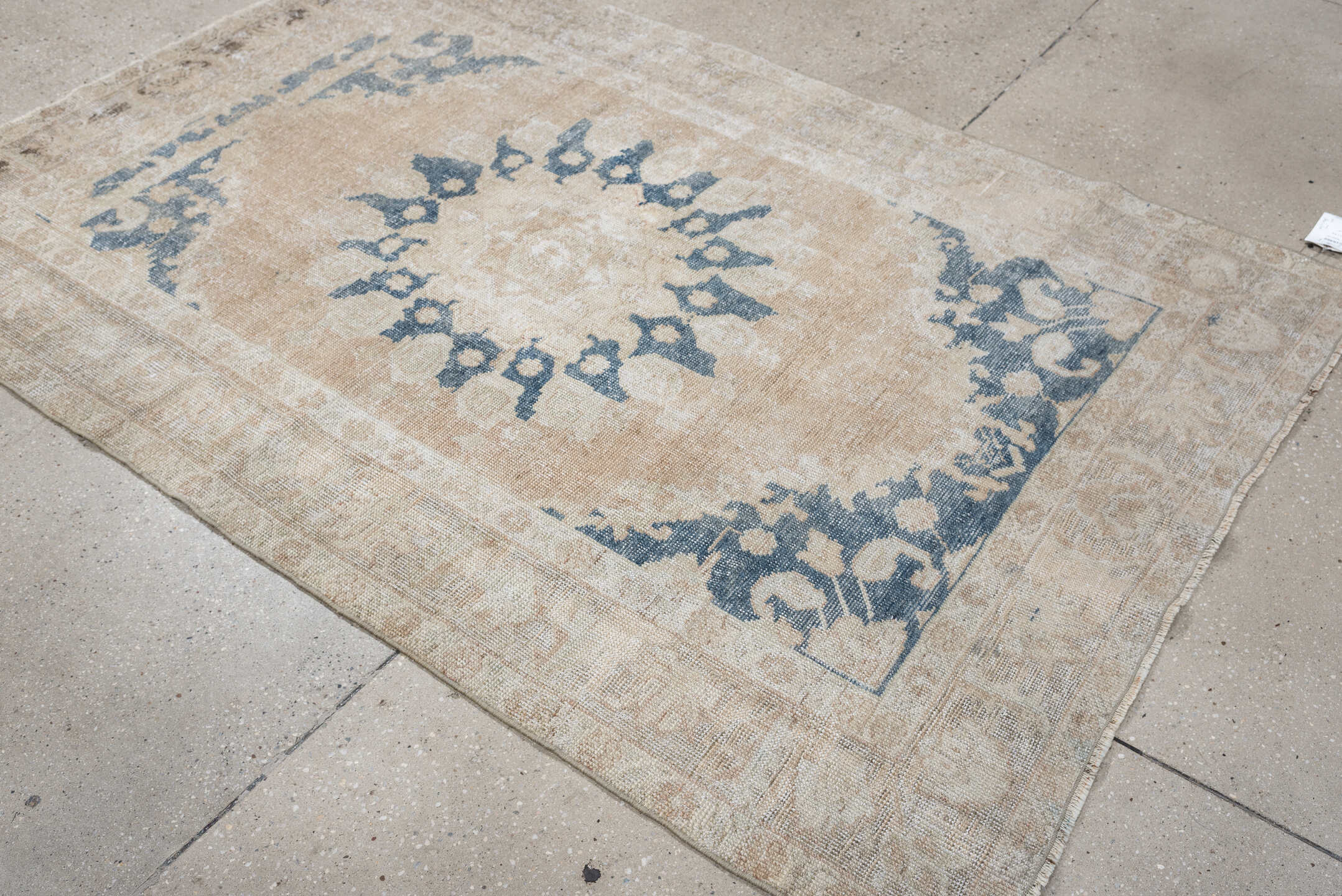 4' x 6' one-of-a-kind handmade antique Anatolian rug. Color palette: ivory, beige, muted blue, taupe, sand, camel, blue