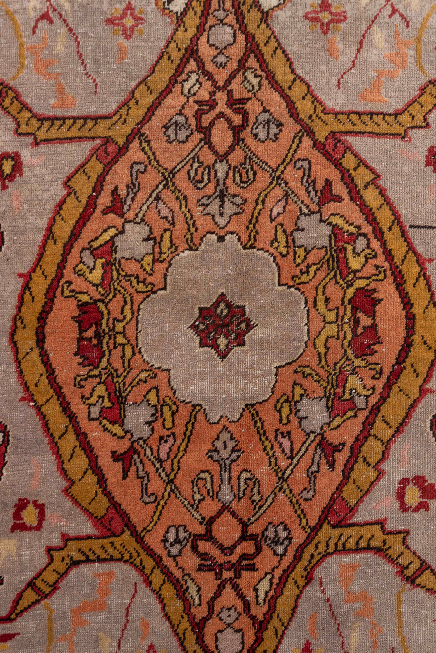 4' x 7' one-of-a-kind handmade vintage Oushak rug. Color palette: ivory, rust, terracotta, crimson, gold, taupe, camel