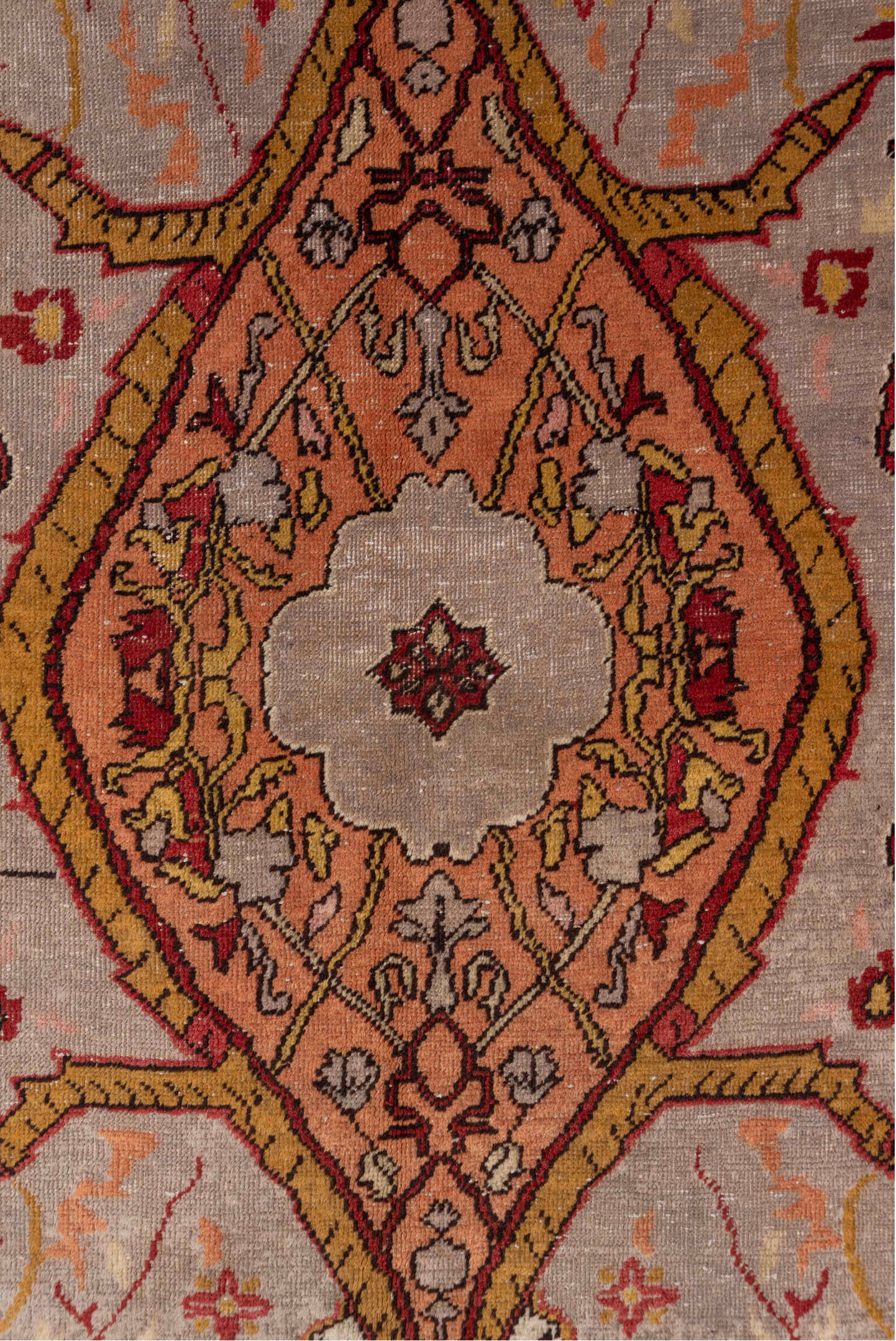 4' x 7' one-of-a-kind handmade vintage Oushak rug. Color palette: brown, gray, pink, red, redwood, saddle brown