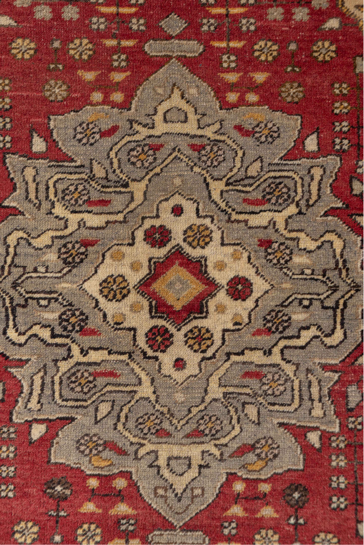 4' x 6' one-of-a-kind handmade vintage Oushak small size rug. Color palette: ivory, red, charcoal, gray, gold, rose, camel