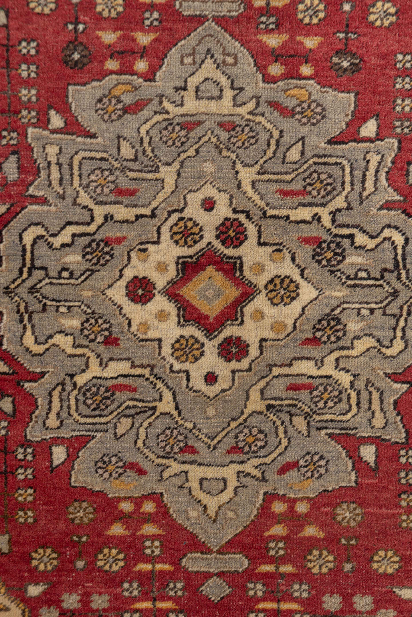 4' x 6' one-of-a-kind handmade vintage Oushak small size rug. Color palette: ivory, red, charcoal, gray, gold, rose, camel