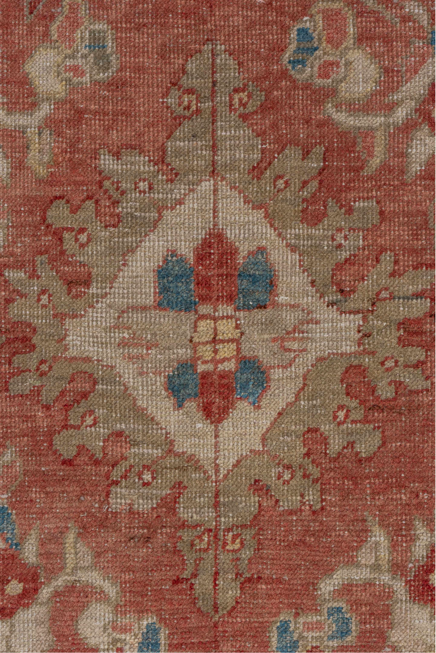 7' x 11' one-of-a-kind handmade vintage Oushak large size rug. Color palette: rust, ivory, terra cotta, muted blue, sage