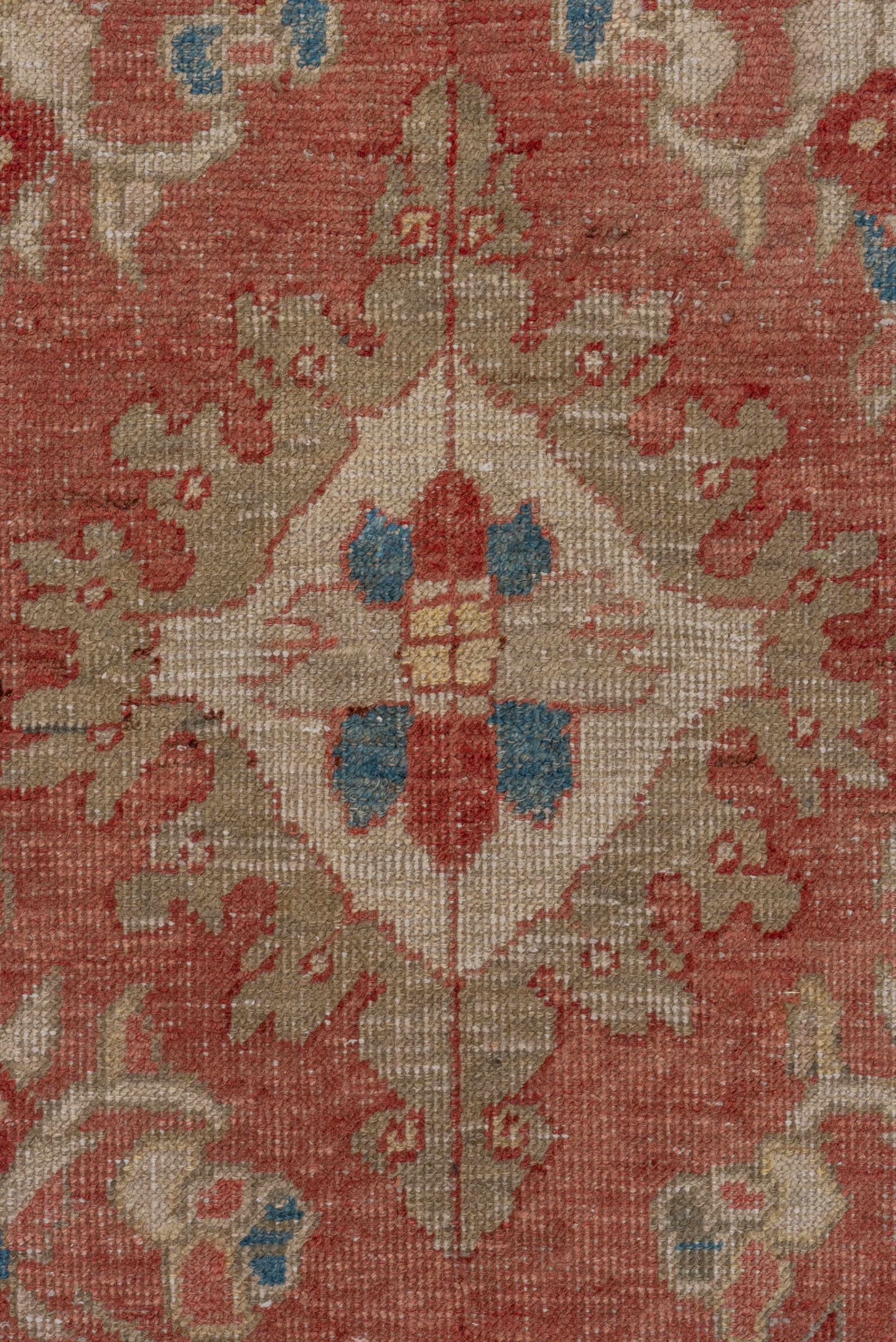 7' x 11' one-of-a-kind handmade vintage Oushak large size rug. Color palette: rust, ivory, terra cotta, muted blue, sage