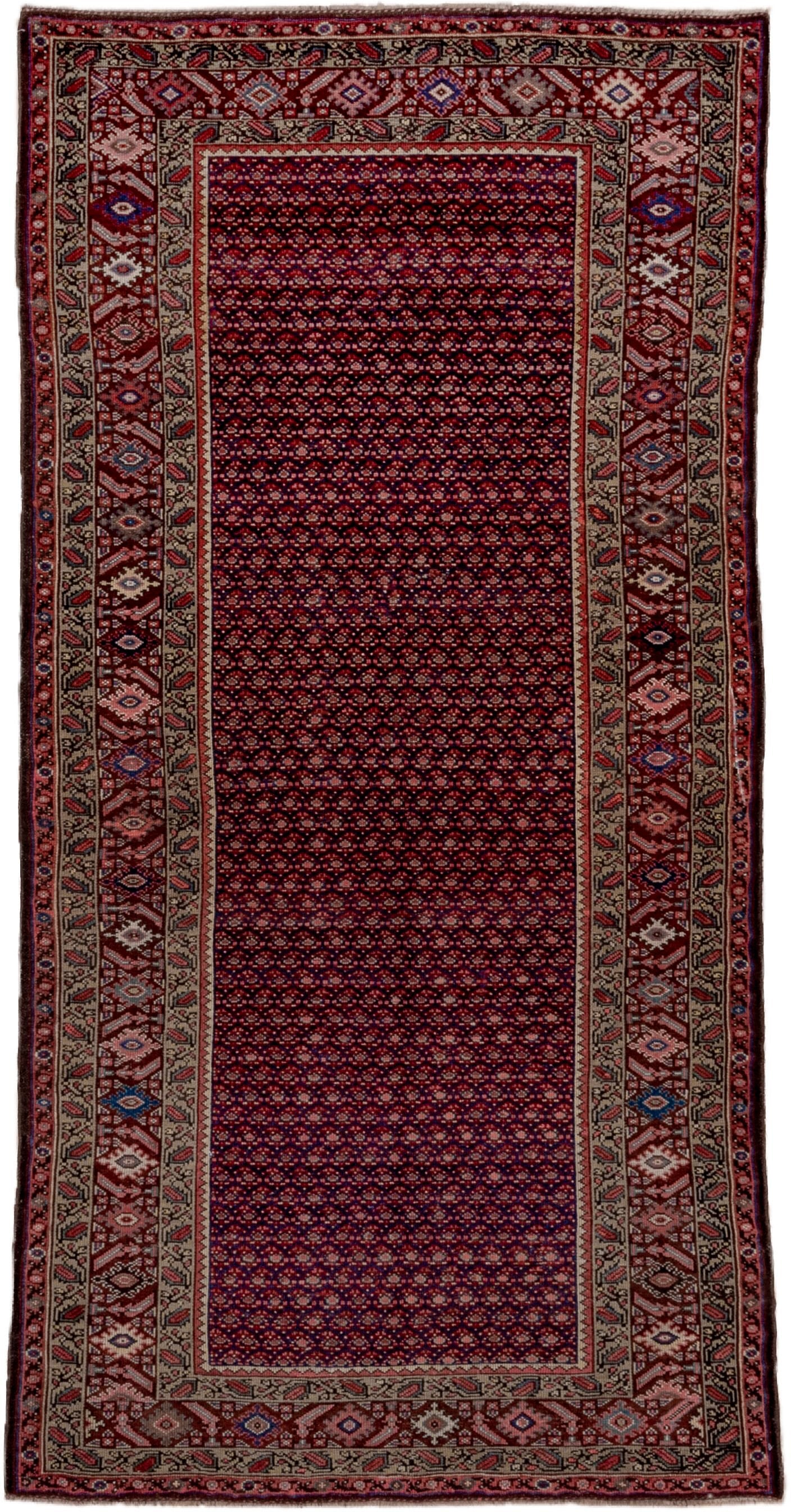 4' x 8' one-of-a-kind handmade vintage Malayer rug. Color palette: burgundy, ivory, navy, rust, rose, camel, slate, blue