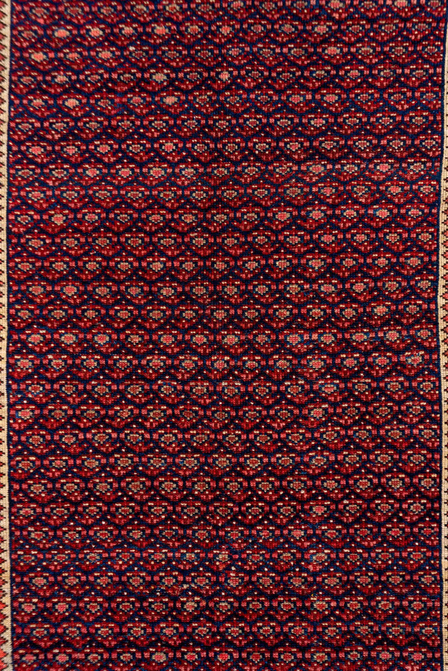 4' x 8' one-of-a-kind handmade vintage Malayer rug. Color palette: burgundy, ivory, navy, rust, rose, camel, slate, blue