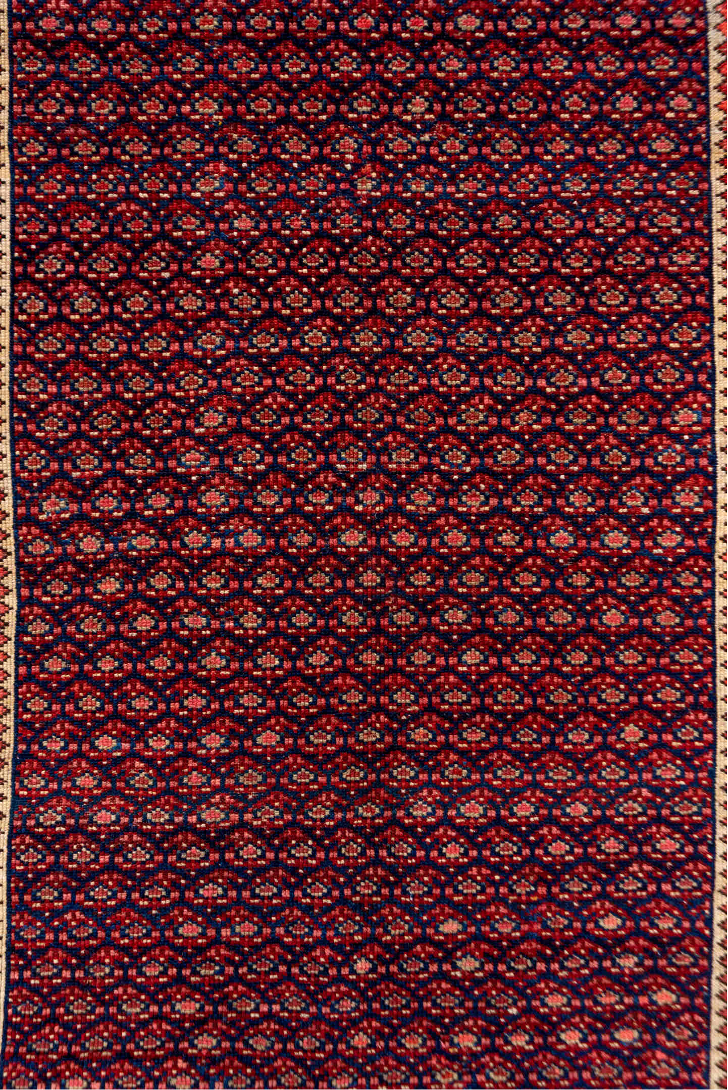 4' x 8' one-of-a-kind handmade vintage Malayer rug. Color palette: burgundy, ivory, navy, rust, rose, camel, slate, blue
