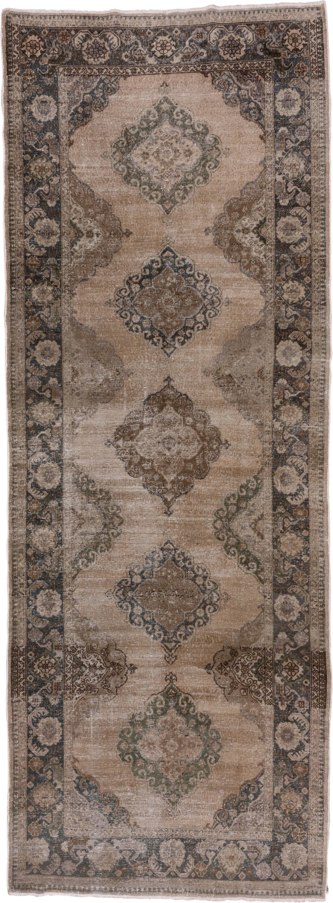 5' x 13' one-of-a-kind handmade vintage Oushak runner rug. Color palette: taupe, beige, brown, slate, ivory, sage, charcoal