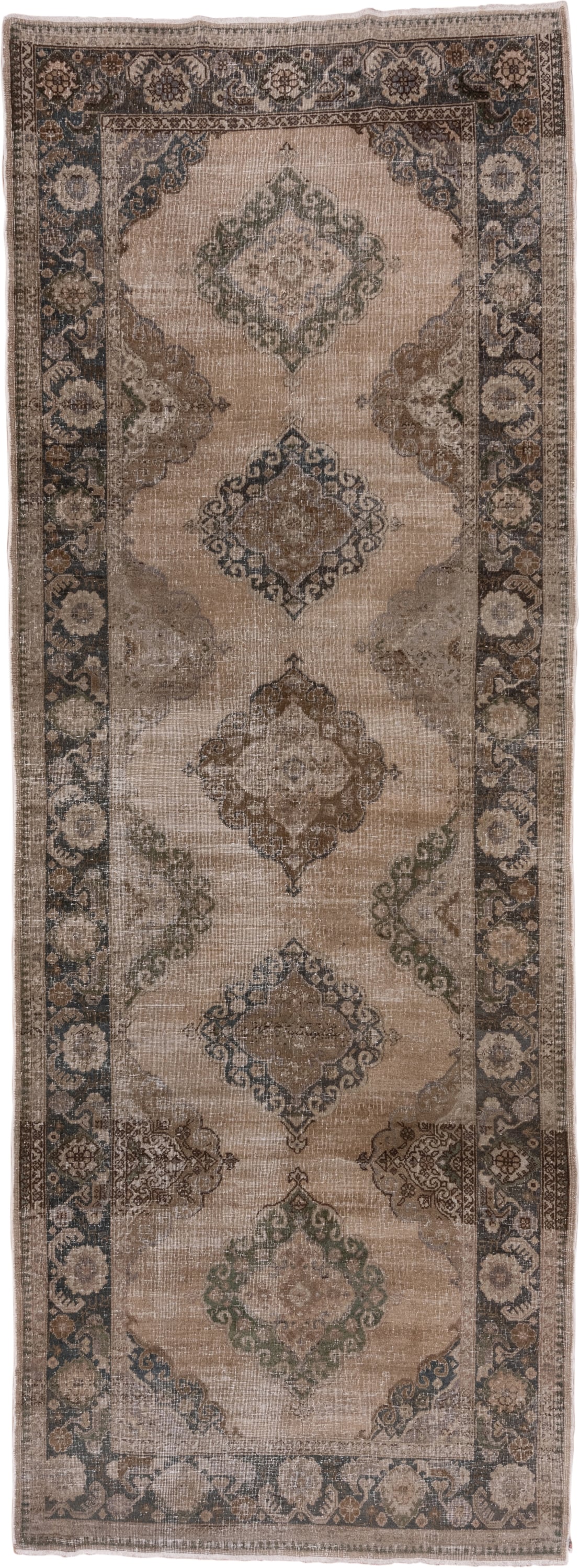5' x 13' one-of-a-kind handmade vintage Oushak runner rug. Color palette: taupe, beige, brown, slate, ivory, sage, charcoal
