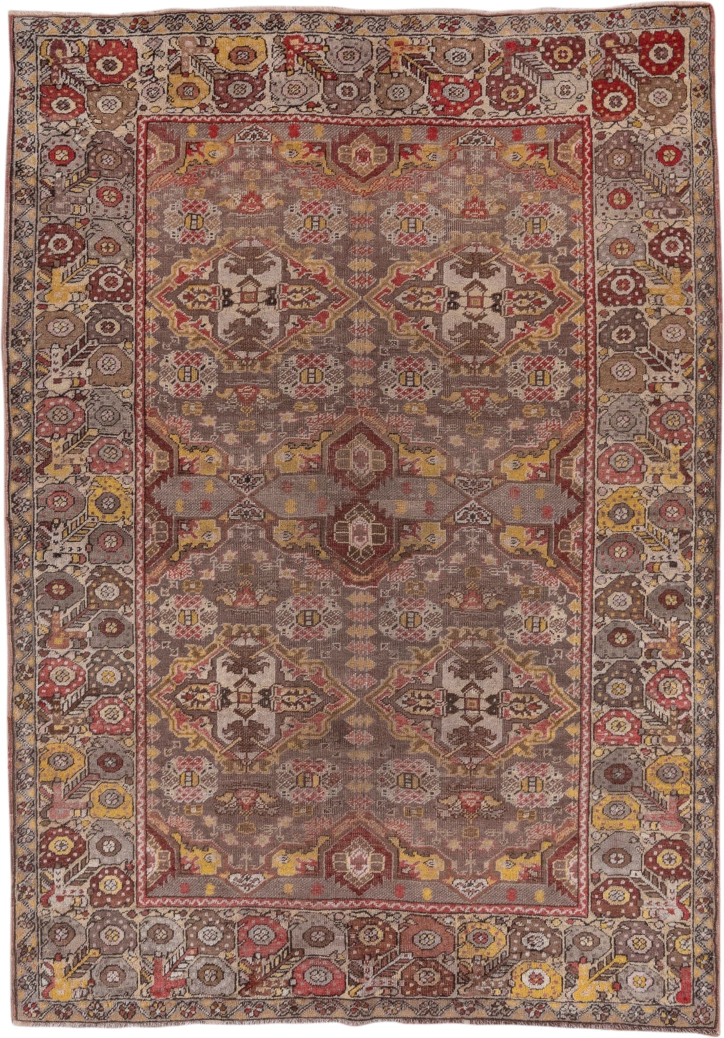 4' x 6' one-of-a-kind handmade vintage Oushak small size rug. Color palette: taupe, rust, ivory, gold, brown, rose, camel