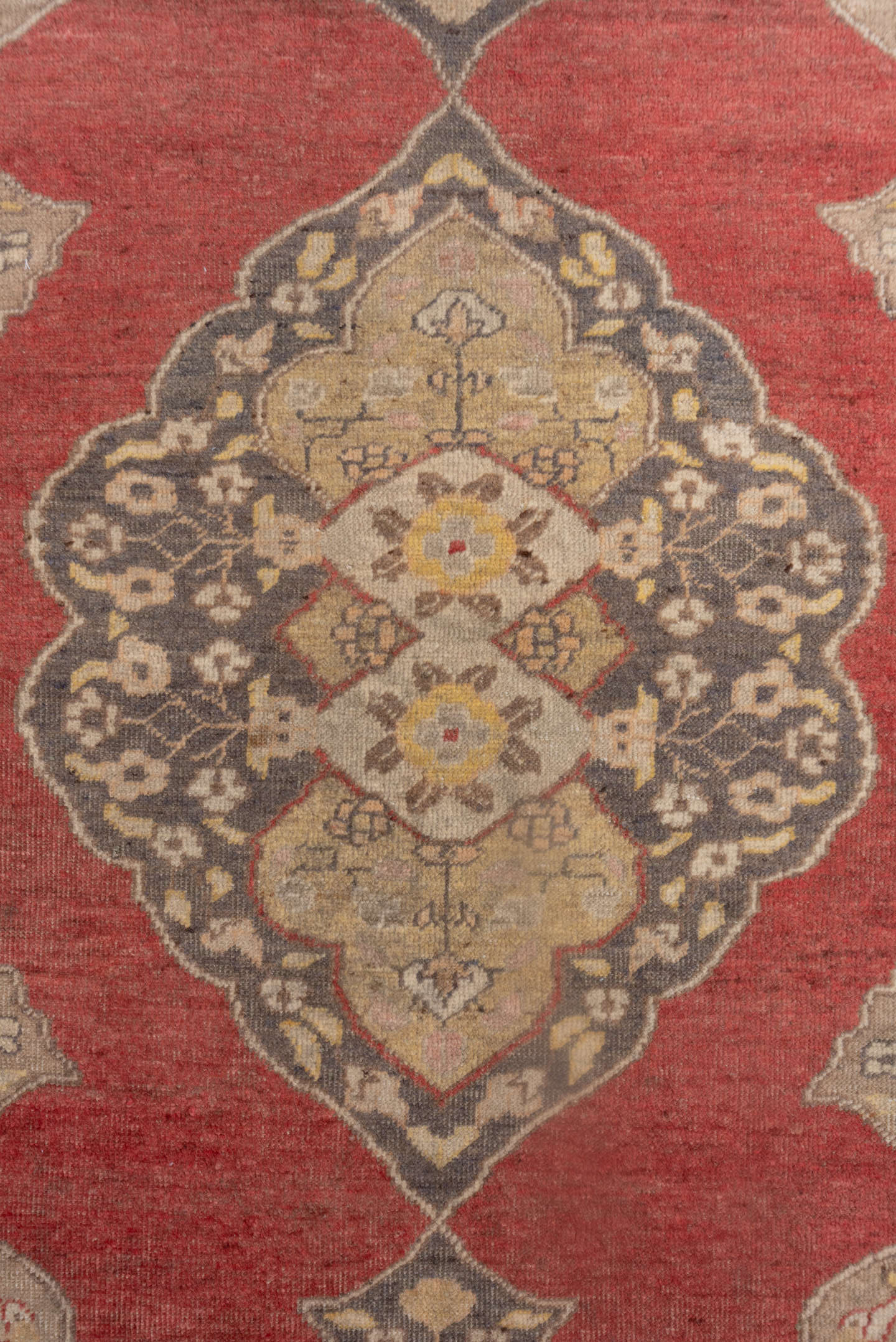 4' x 6' one-of-a-kind handmade vintage Oushak small size rug. Color palette: coral, taupe, ivory, gold, charcoal, camel