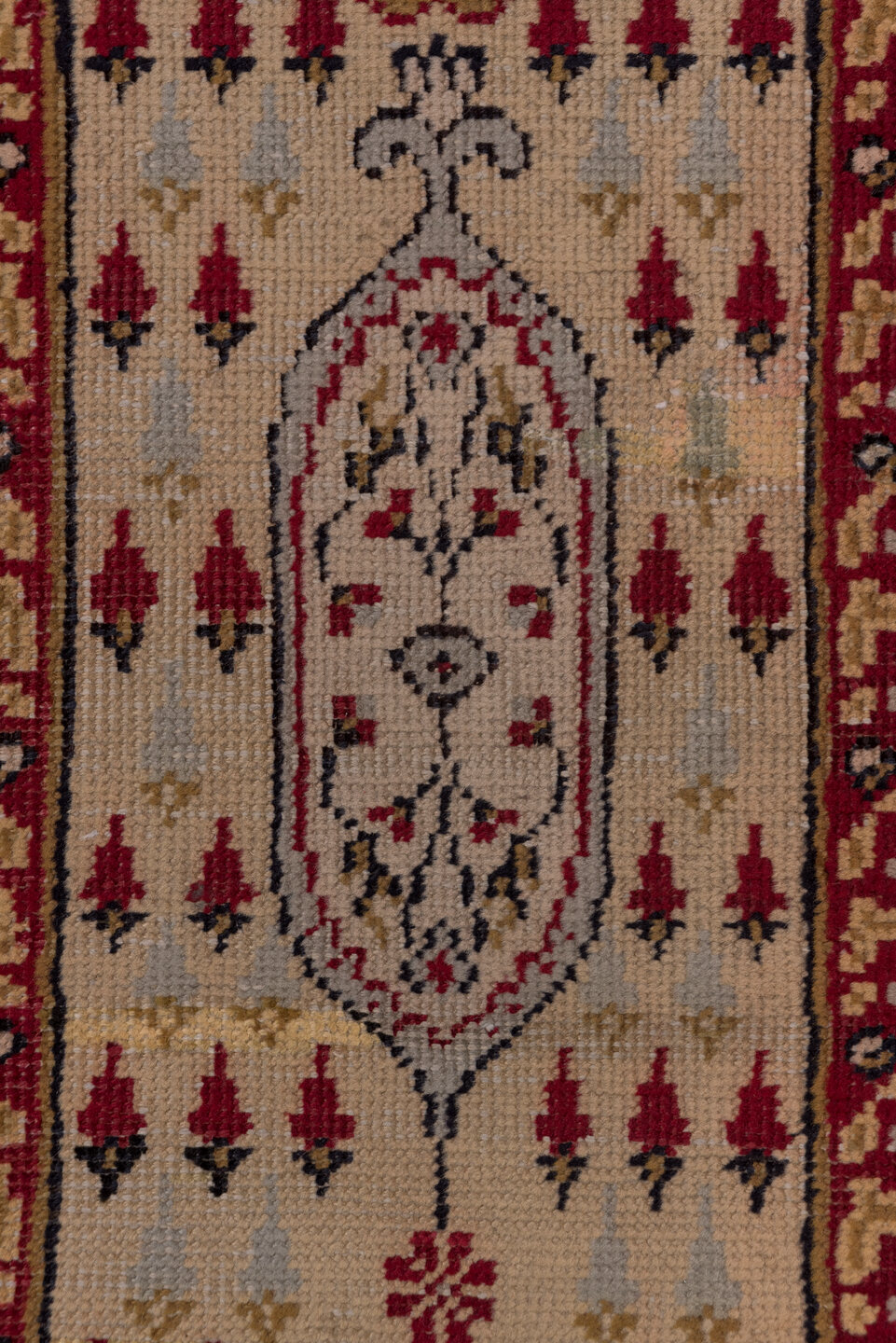 1' x 18' one-of-a-kind handmade vintage Oushak rug. Color palette: ivory, crimson, burgundy, taupe, brown, gold, red, beige