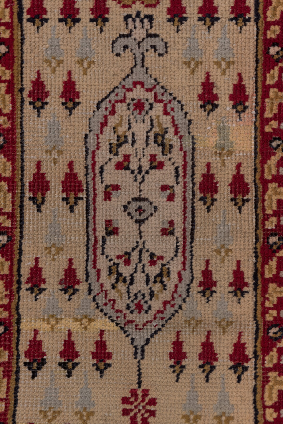 1' x 18' one-of-a-kind handmade vintage Oushak rug. Color palette: ivory, crimson, burgundy, taupe, brown, gold, red, beige