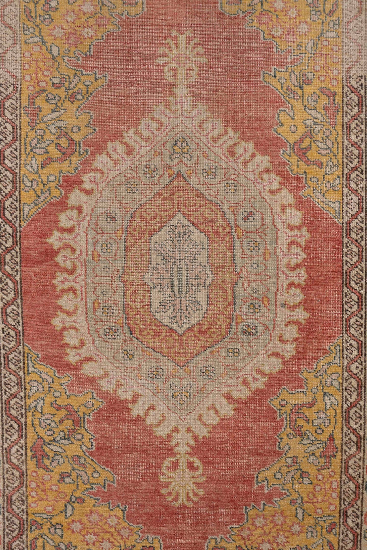 3' x 5' one-of-a-kind handmade vintage Oushak small size rug. Color palette: coral, gold, ivory, blue_gray, taupe, rose