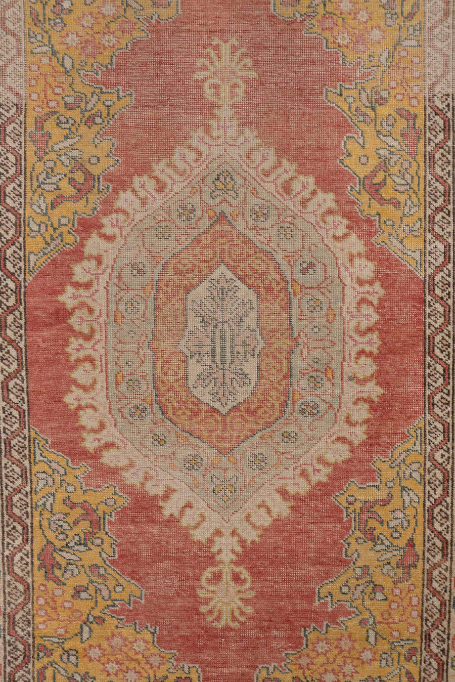 3' x 5' one-of-a-kind handmade vintage Oushak small size rug. Color palette: coral, gold, ivory, blue_gray, taupe, rose