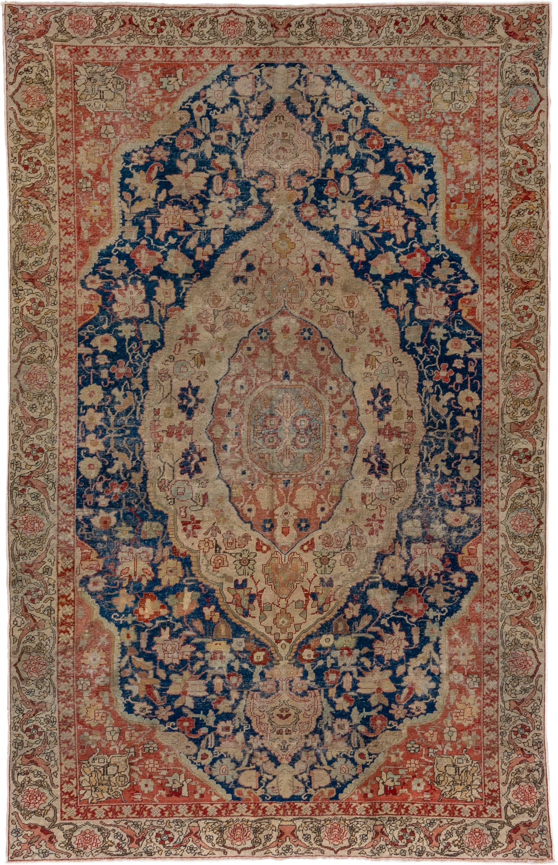 5' x 9' one-of-a-kind handmade vintage Oushak medium size rug. Color palette: ivory, navy, coral, beige, rose, gold, blue