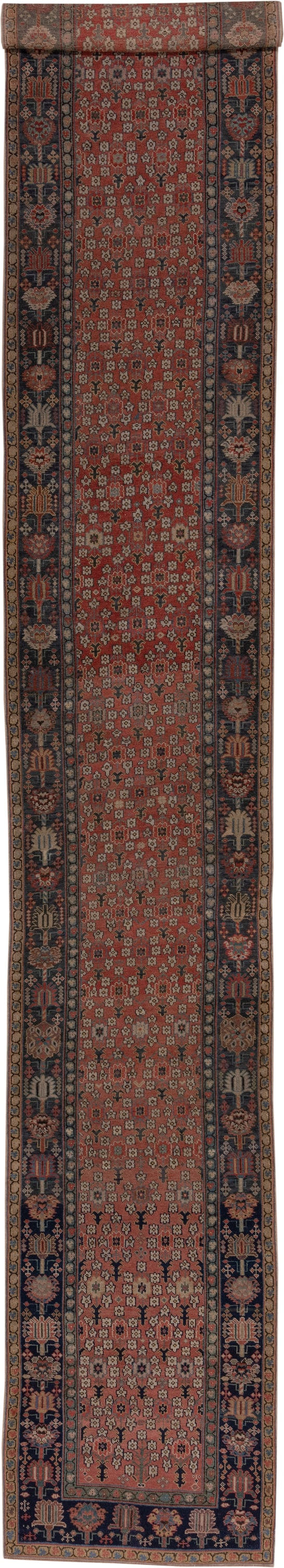 3' x 19' one-of-a-kind handmade vintage Shirvan runner rug. Color palette: rust, navy, ivory, camel, terracotta, charcoal