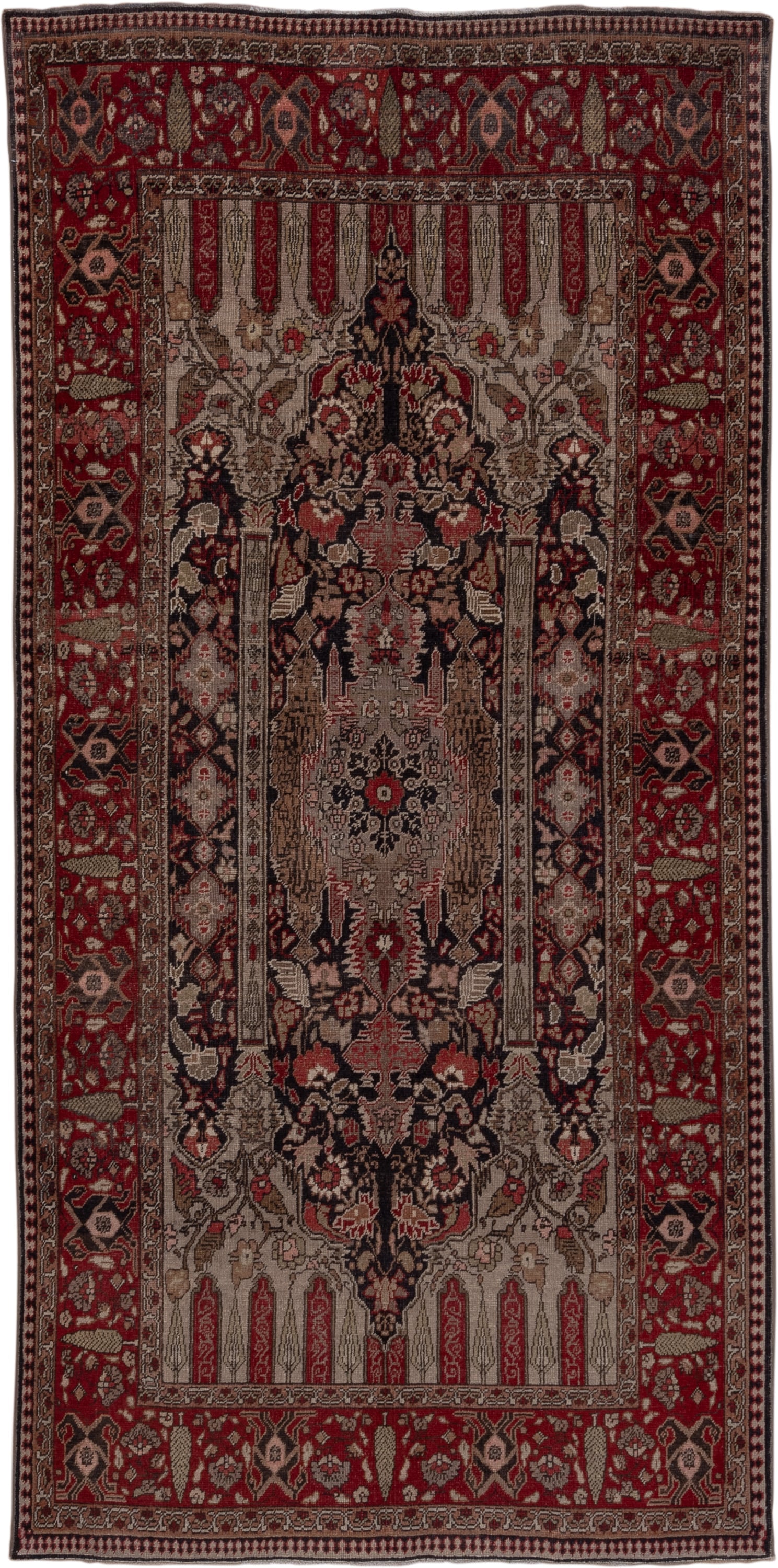 5' x 10' one-of-a-kind handmade vintage Oushak medium size rug. Color palette: red, ivory, charcoal, taupe, rose, burgundy