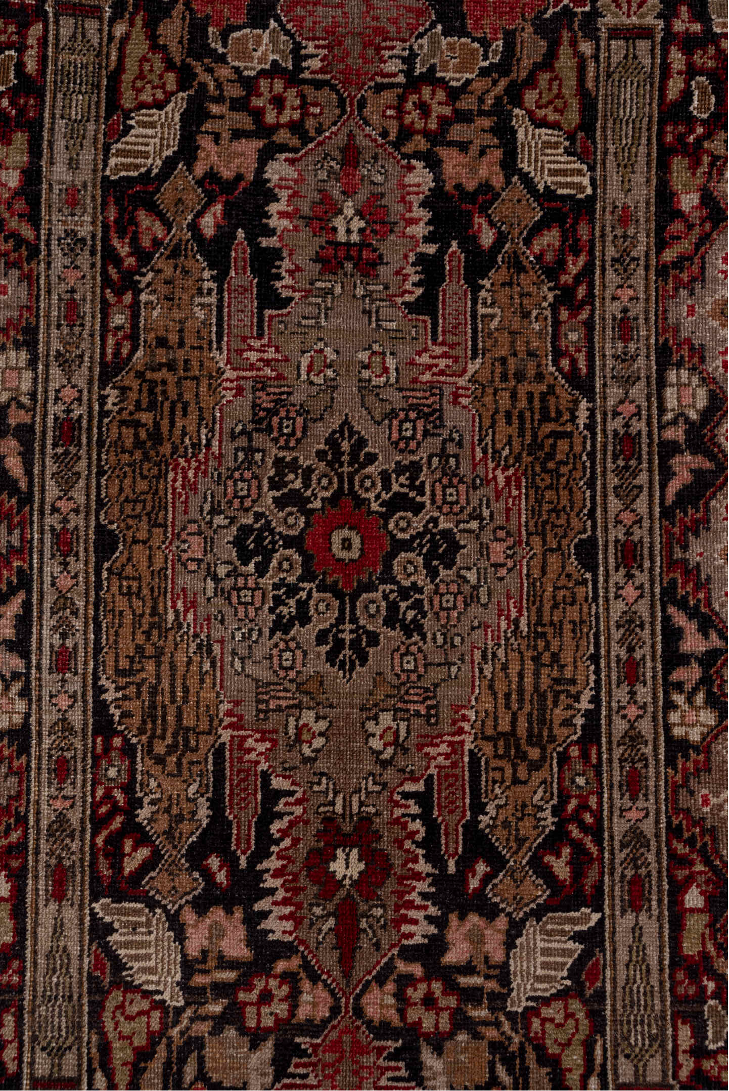 5' x 10' one-of-a-kind handmade vintage Oushak medium size rug. Color palette: red, ivory, charcoal, taupe, rose, burgundy