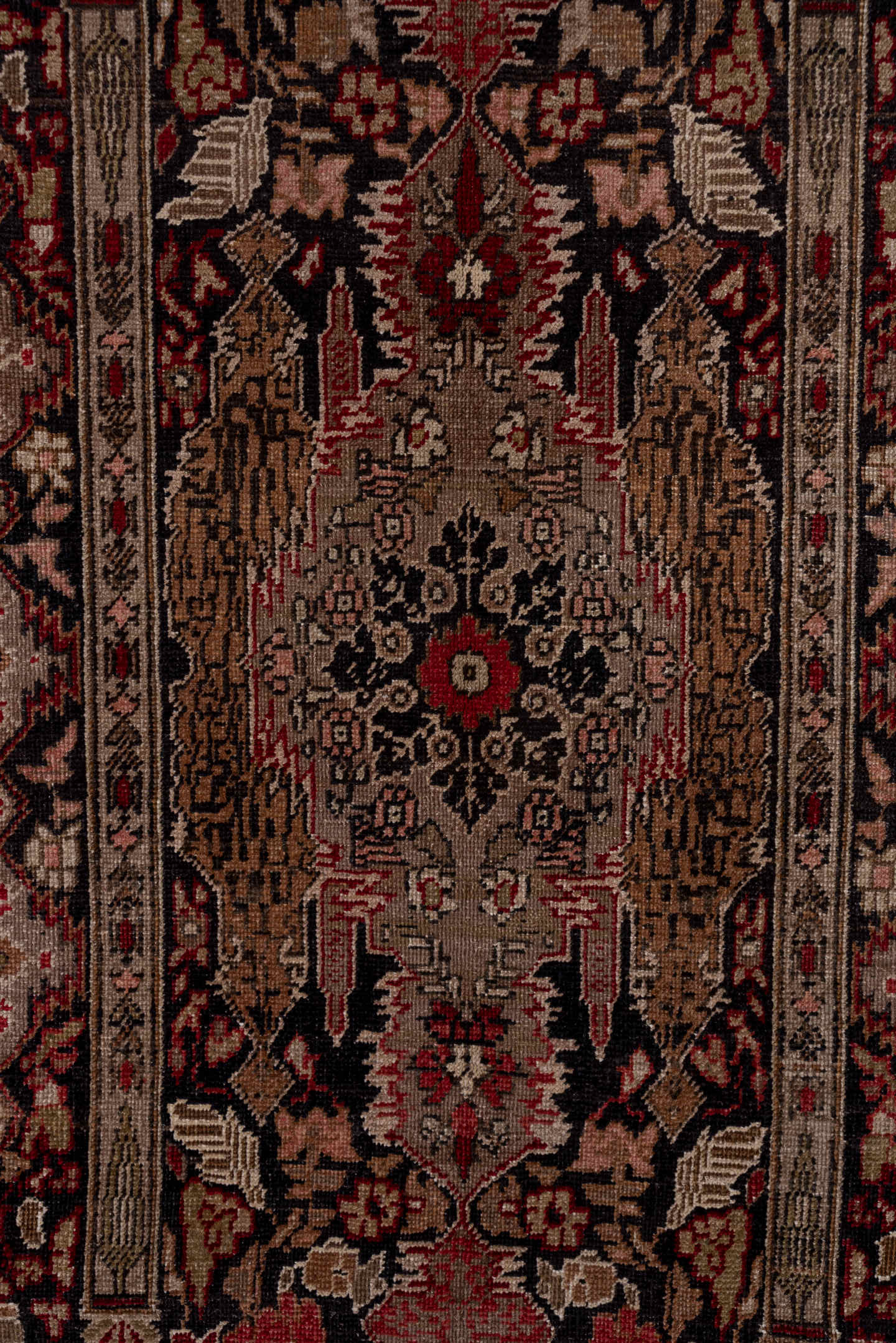 5' x 10' one-of-a-kind handmade vintage Oushak medium size rug. Color palette: red, ivory, charcoal, taupe, rose, burgundy