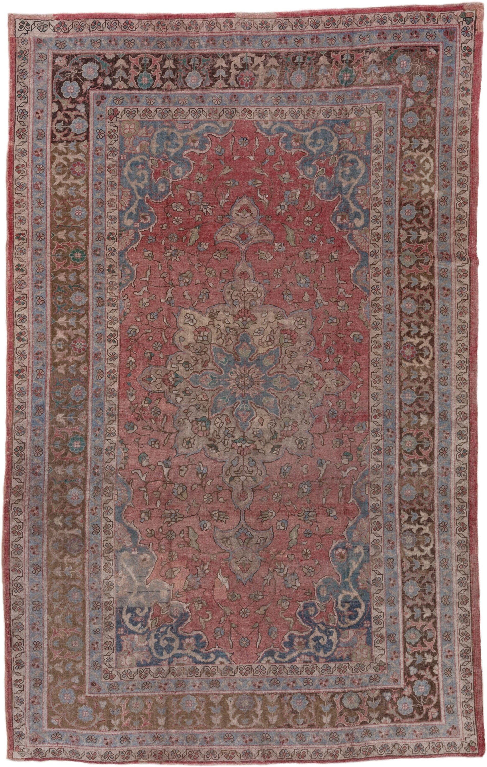 7' x 11' one-of-a-kind handmade vintage Oushak large size rug. Color palette: rose, powder_blue, taupe, ivory, dusty_blue
