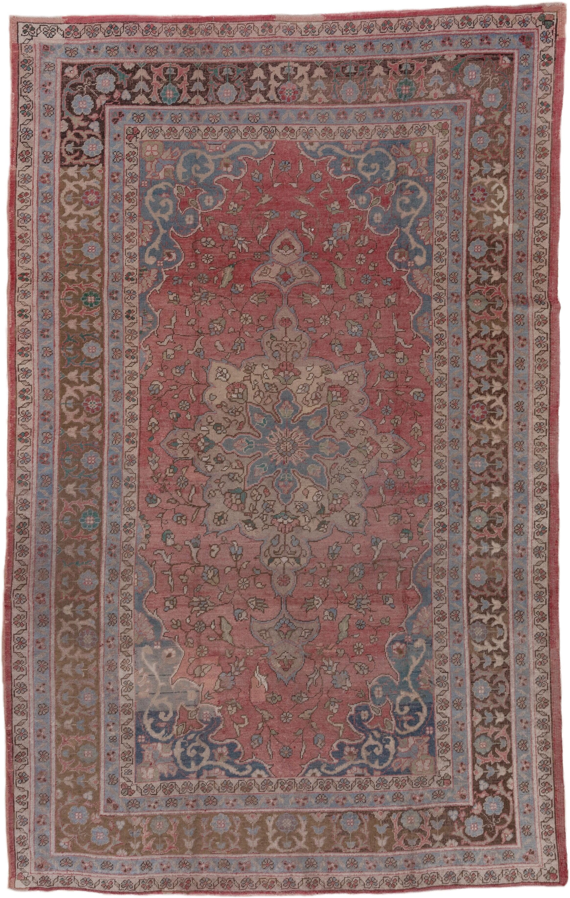 7' x 11' one-of-a-kind handmade vintage Oushak large size rug. Color palette: rose, powder_blue, taupe, ivory, dusty_blue