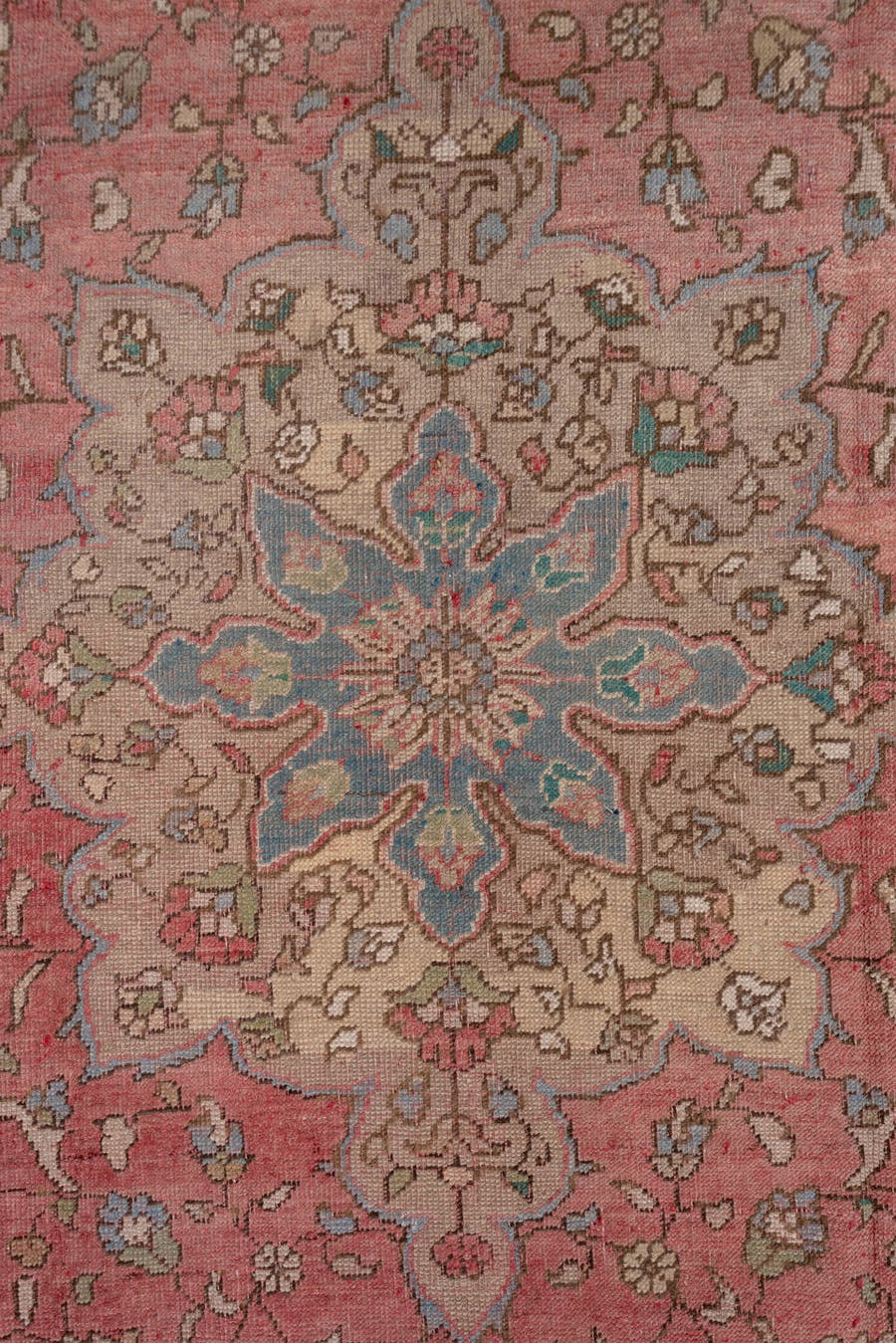 7' x 11' one-of-a-kind handmade vintage Oushak large size rug. Color palette: rose, powder_blue, taupe, ivory, dusty_blue