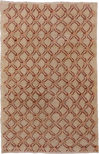 6' x 9' one-of-a-kind handmade vintage Konya medium size rug. Color palette: camel, rust, blush, pale_blue, beige