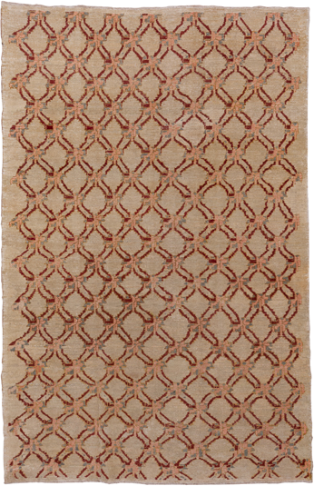 6' x 9' one-of-a-kind handmade vintage Konya medium size rug. Color palette: camel, rust, blush, pale_blue, beige