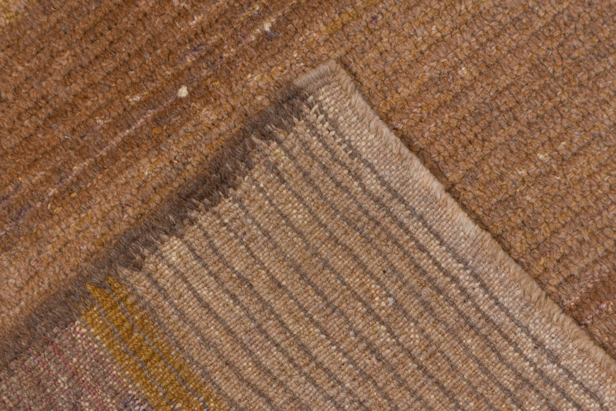 6' x 8' one-of-a-kind handmade vintage Tulu medium size rug. Color palette: taupe, camel, beige, brown, gray