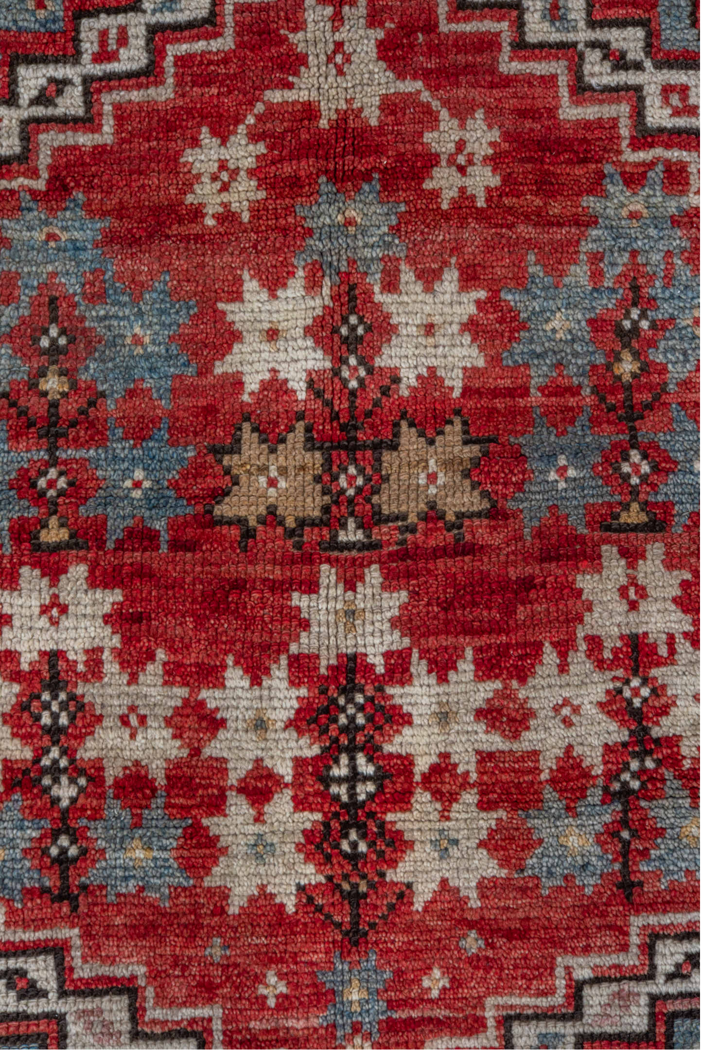 4' x 5' one-of-a-kind handmade vintage Oushak small size rug. Color palette: red, ivory, light blue, taupe, brown, charcoal