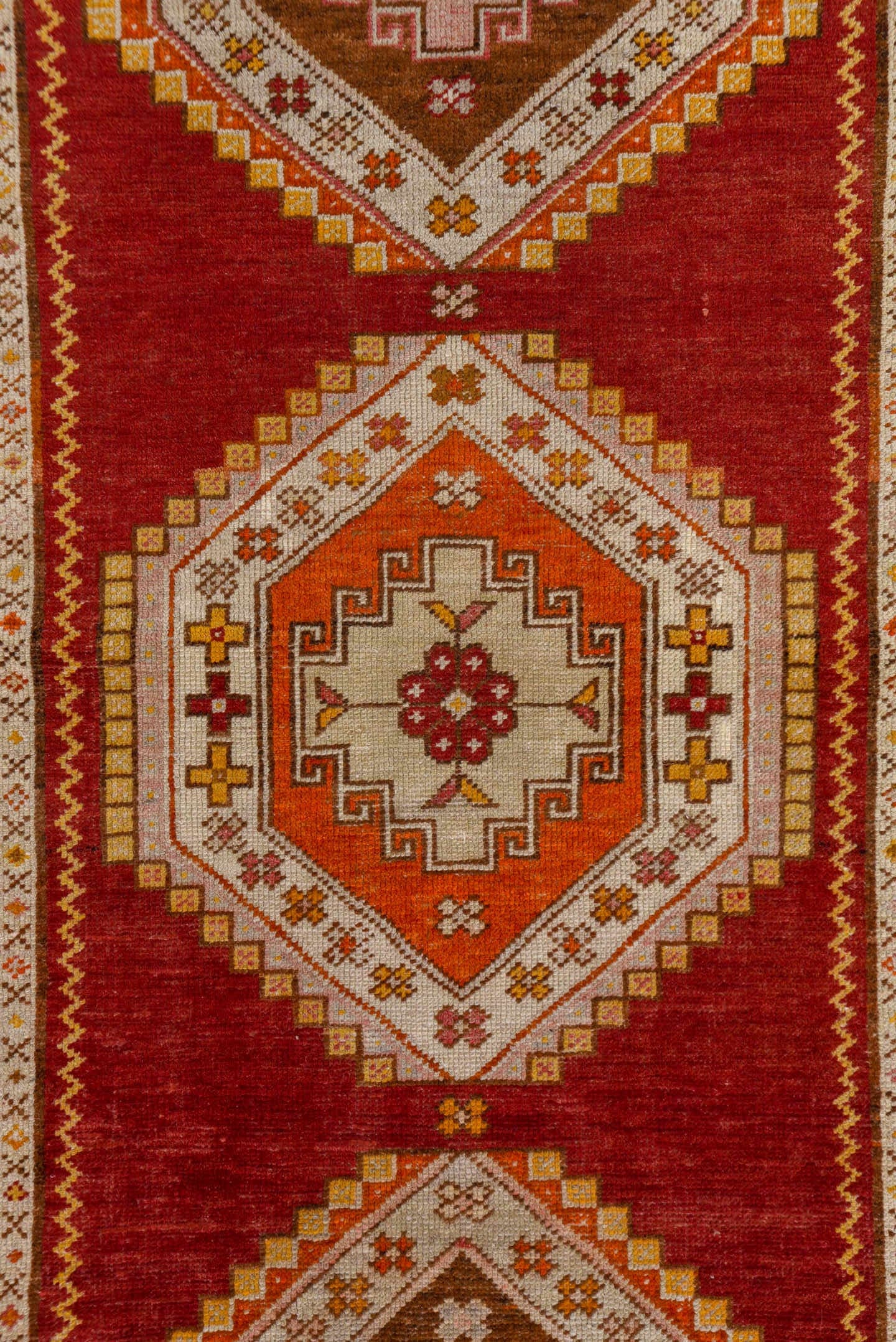 3' x 11' one-of-a-kind handmade vintage Oushak runner rug. Color palette: red, ivory, orange, gold, rose, taupe, rust