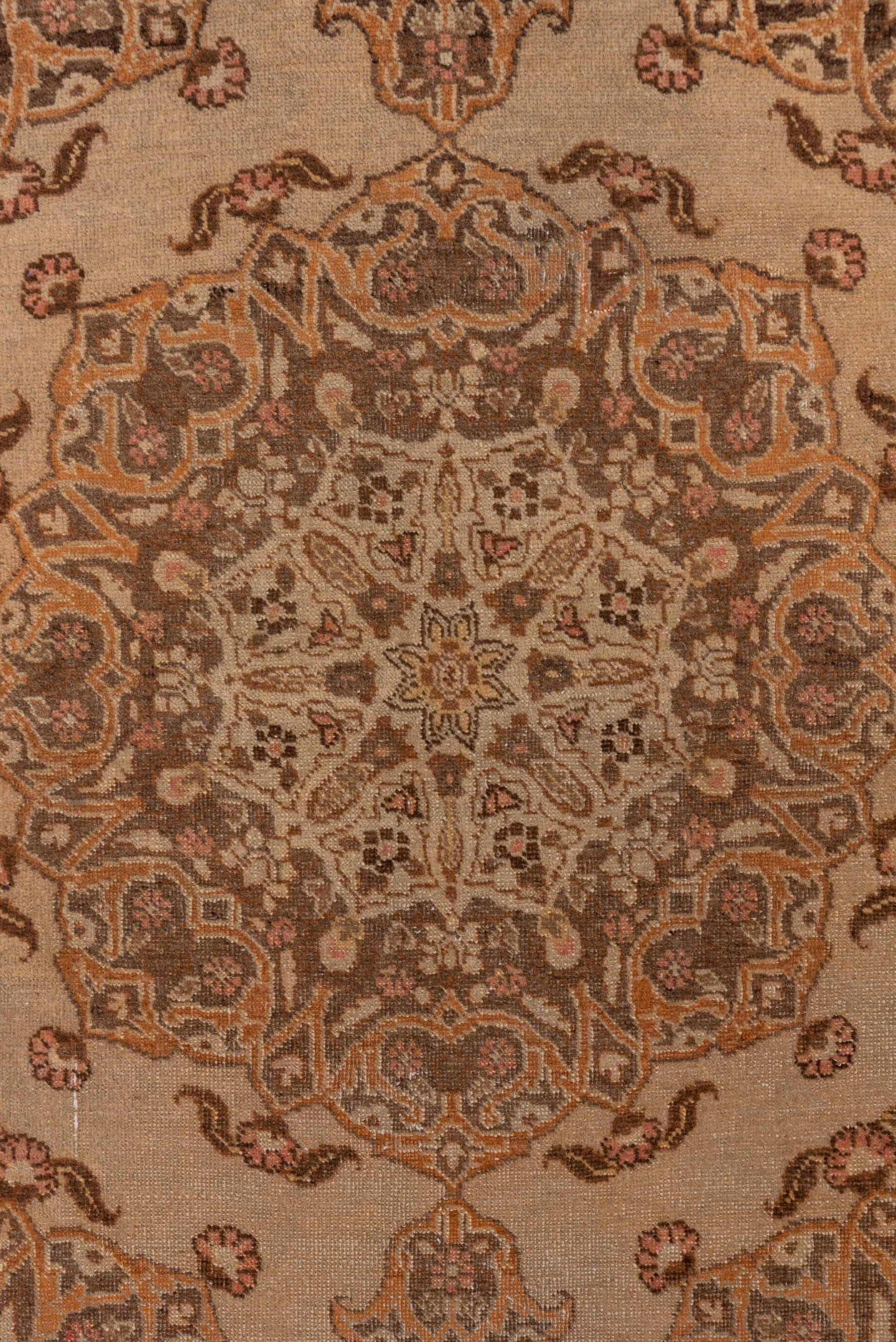 3' x 5' one-of-a-kind handmade vintage Tabriz small size rug. Color palette: camel, taupe, brown, ivory, beige, rose, gray