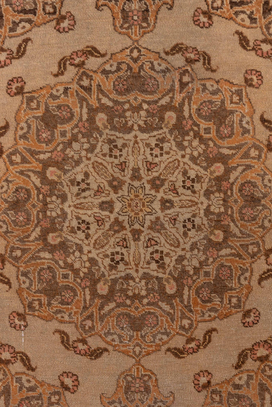 3' x 5' one-of-a-kind handmade vintage Tabriz small size rug. Color palette: camel, taupe, brown, ivory, beige, rose, gray