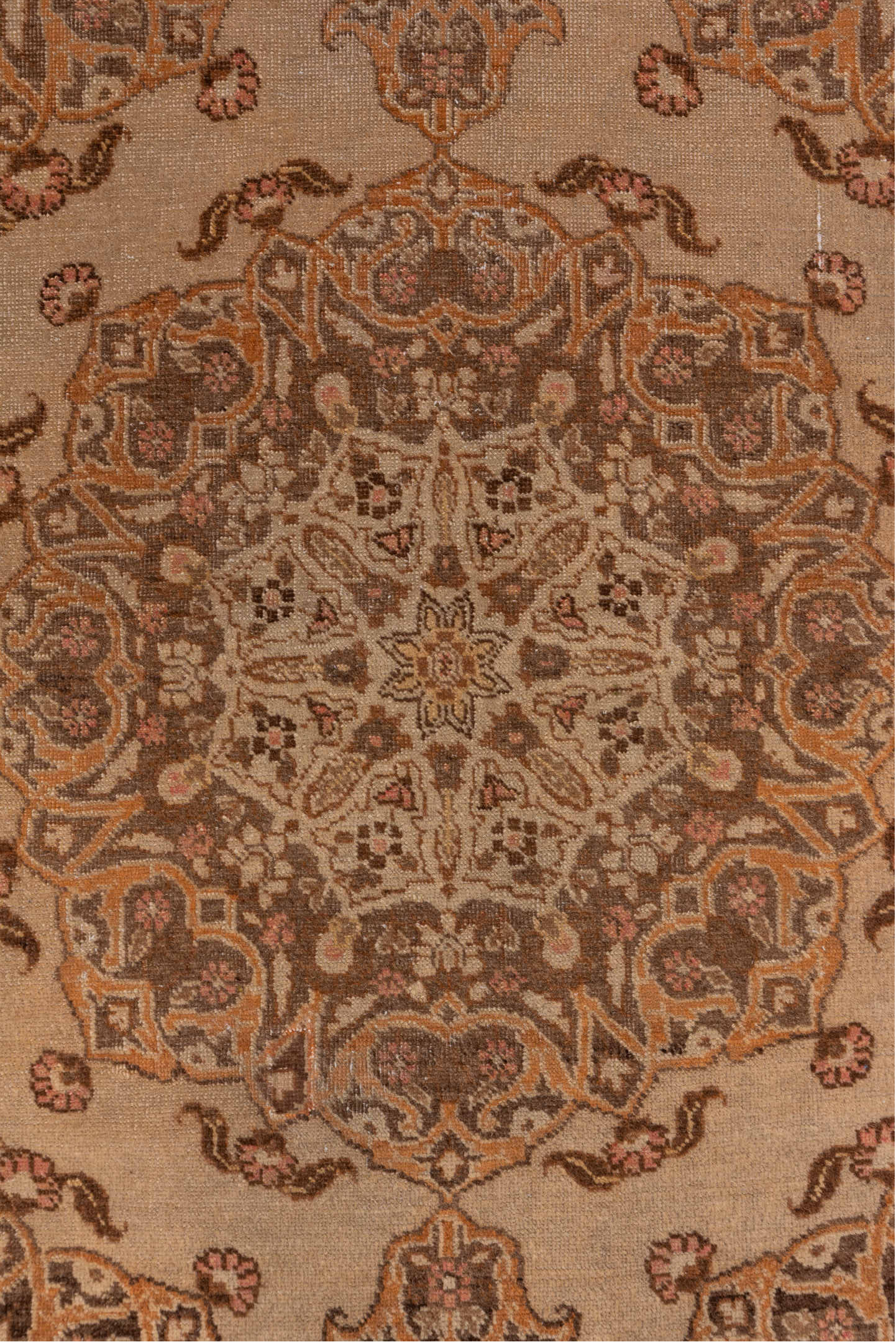 3' x 5' one-of-a-kind handmade vintage Tabriz small size rug. Color palette: camel, taupe, brown, ivory, beige, rose, gray