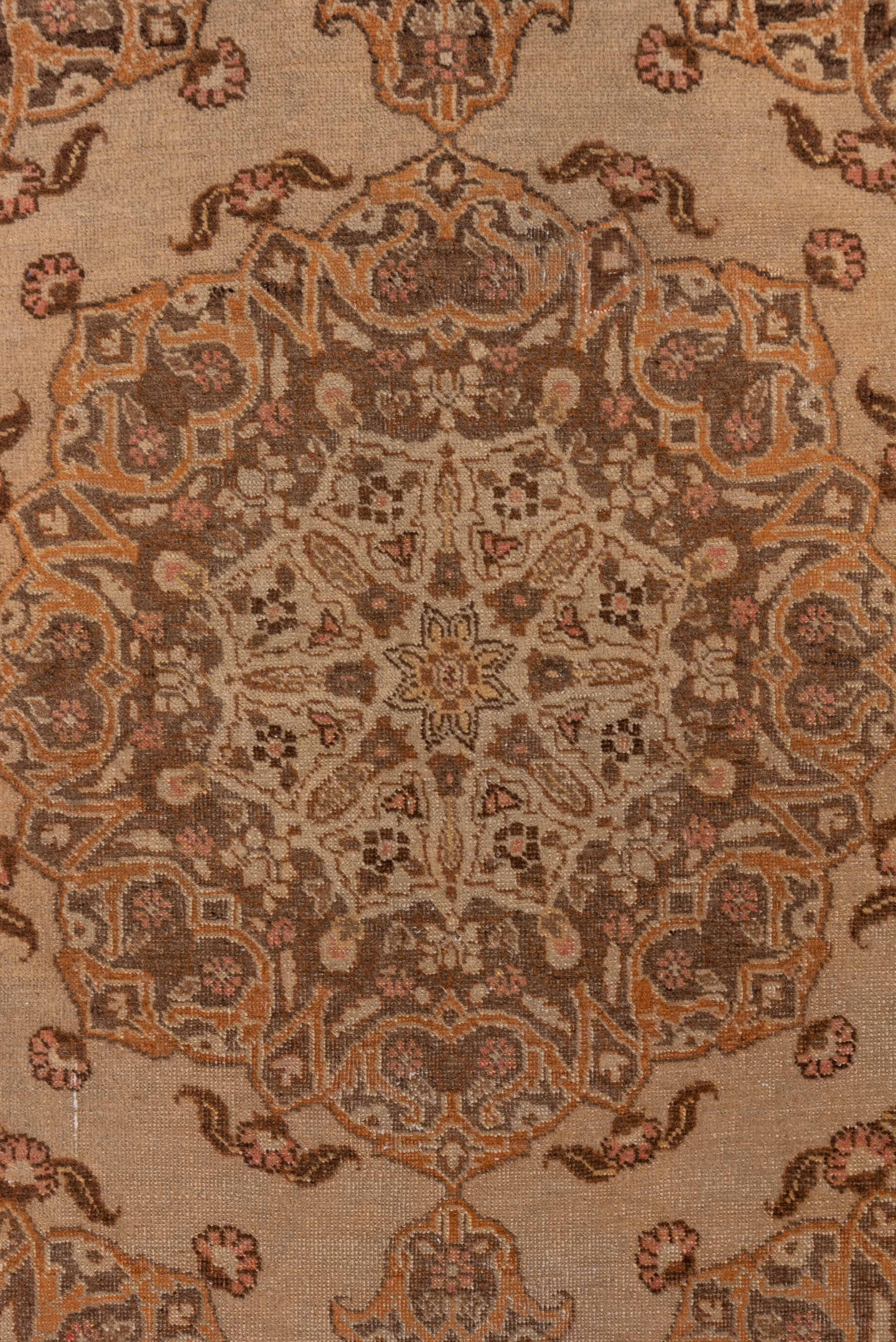 3' x 5' one-of-a-kind handmade vintage Tabriz small size rug. Color palette: camel, taupe, brown, ivory, beige, rose, gray