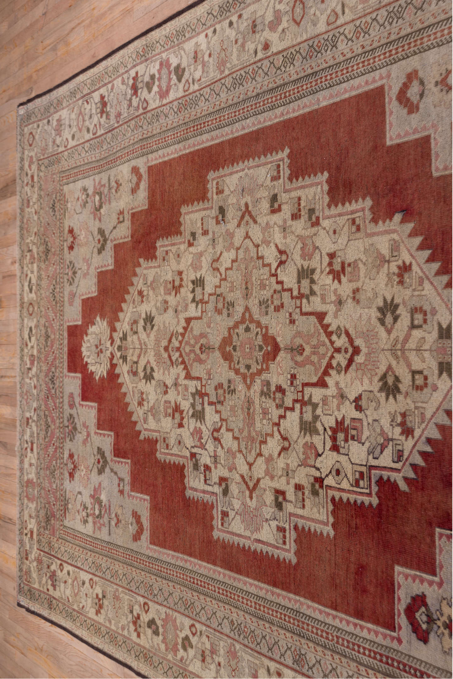 7' x 12' one-of-a-kind handmade vintage Oushak large size rug. Color palette: terra cotta, ivory, rose, taupe, sage