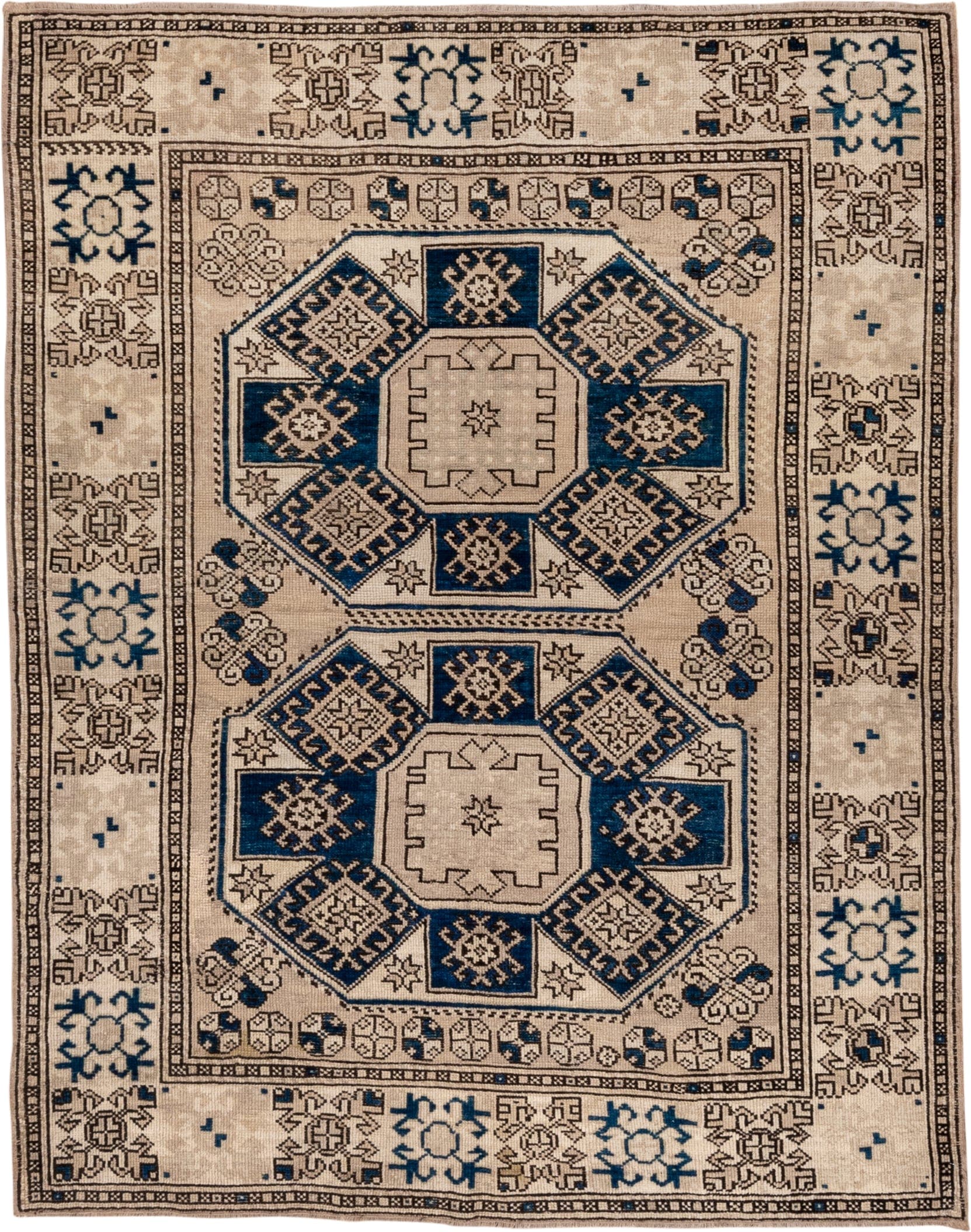 5' x 6' one-of-a-kind handmade vintage Oushak rug. Color palette: ivory, navy, taupe, charcoal, beige, blue, gray, black