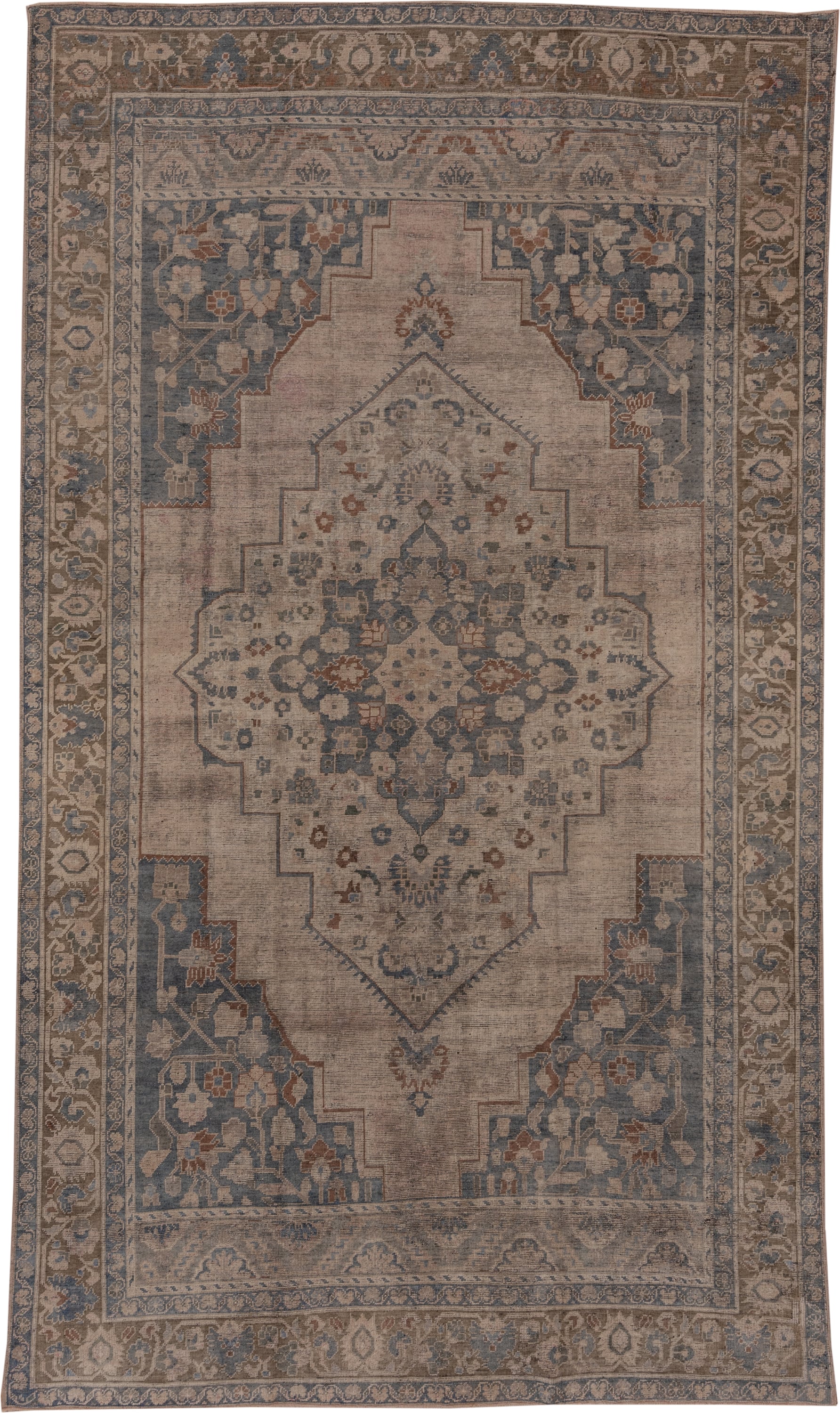 6' x 10' one-of-a-kind handmade vintage Oushak large size rug. Color palette: taupe, slate, ivory, camel, rust, blue, brown