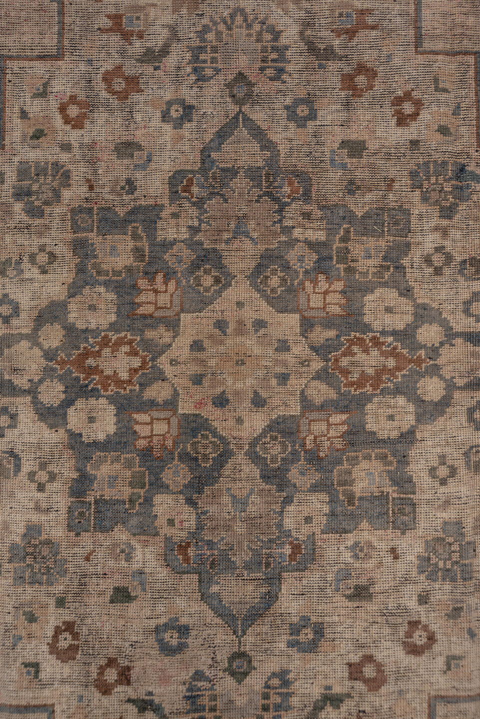 6' x 10' one-of-a-kind handmade vintage Oushak large size rug. Color palette: taupe, slate, ivory, camel, rust, blue, brown