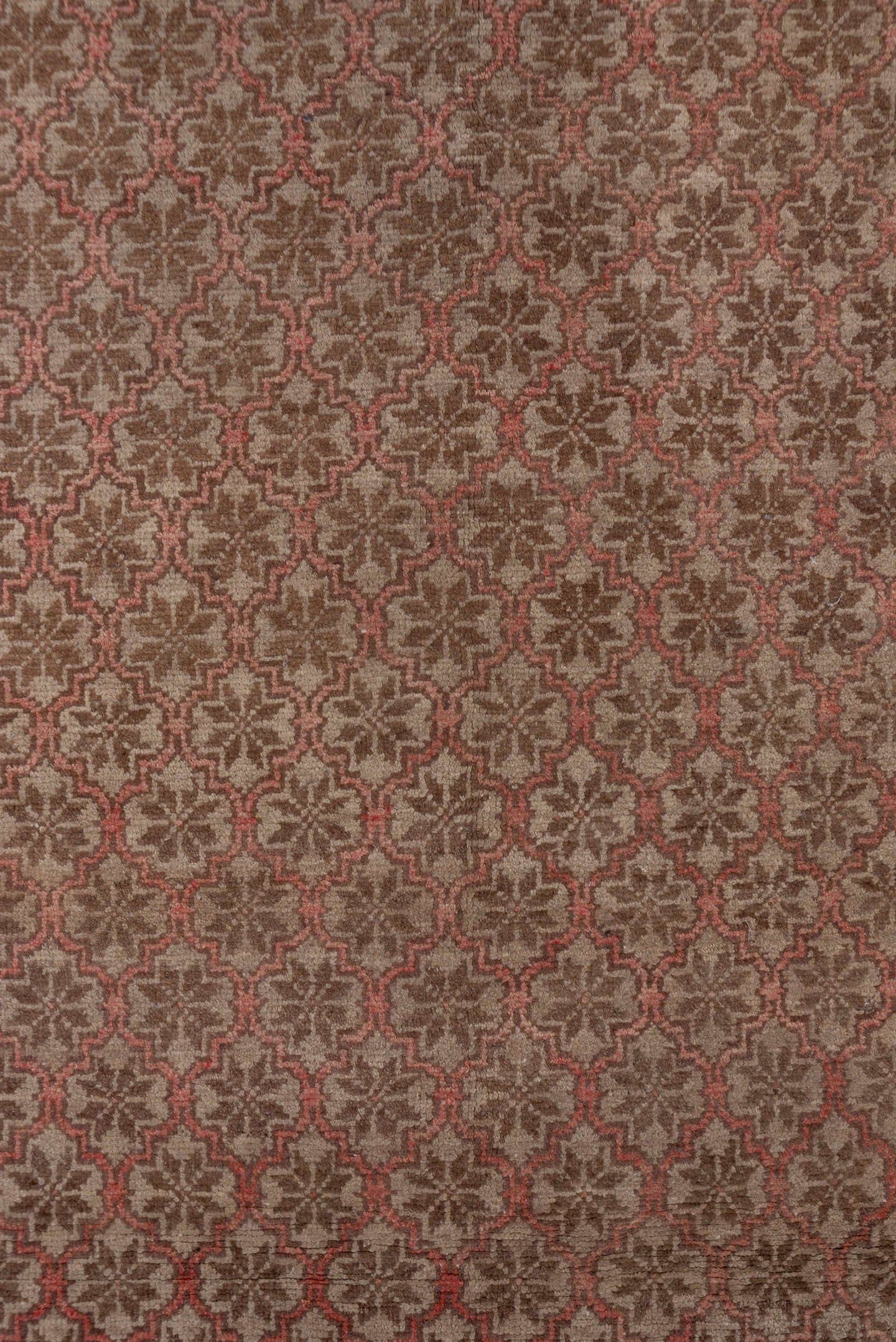 4' x 8' one-of-a-kind handmade vintage Oushak rug. Color palette: rose, taupe, dusty rose, brown, terracotta, pink, red