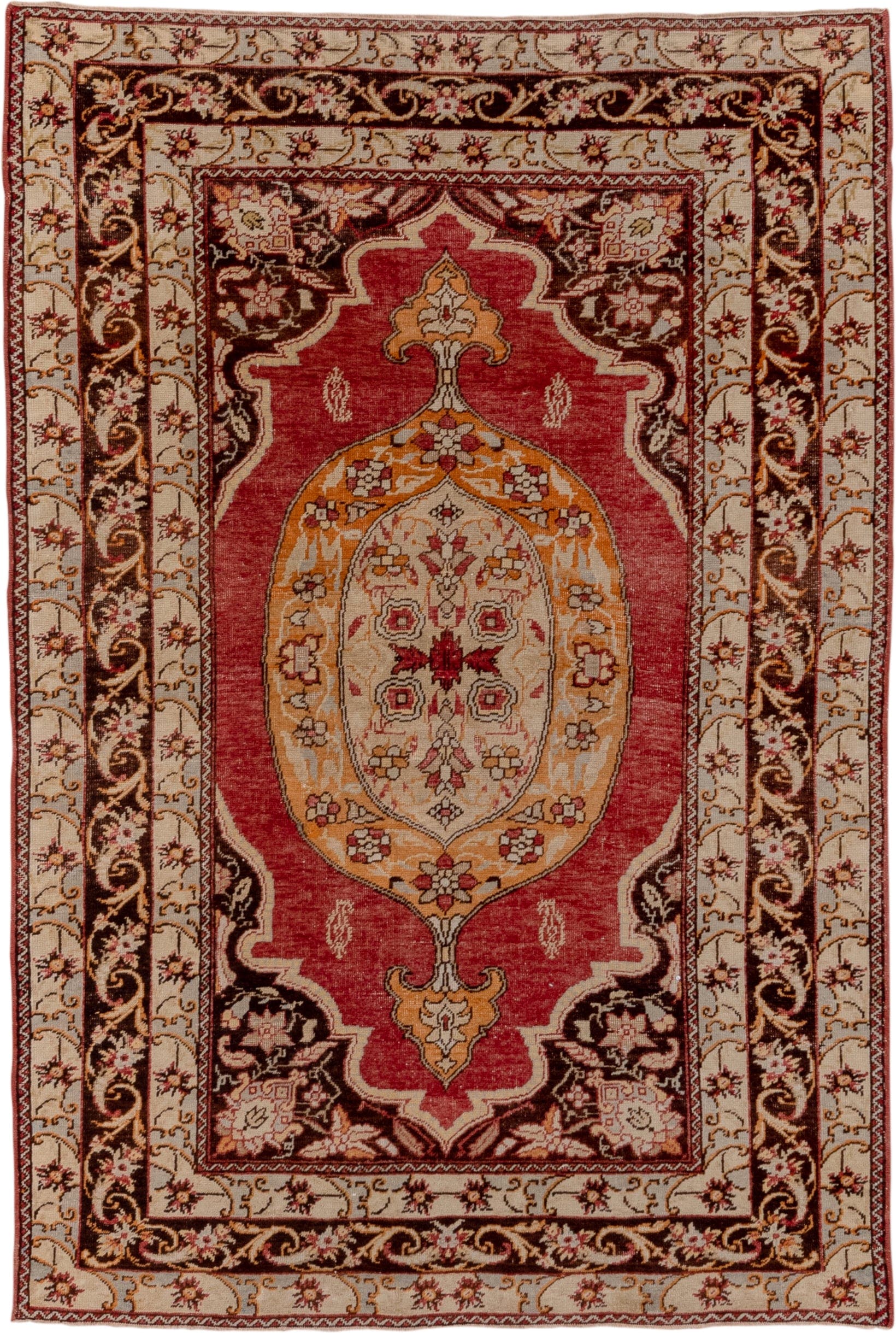 4' x 6' one-of-a-kind handmade vintage Oushak small size rug. Color palette: ivory, rust, burgundy, gold, brown, camel